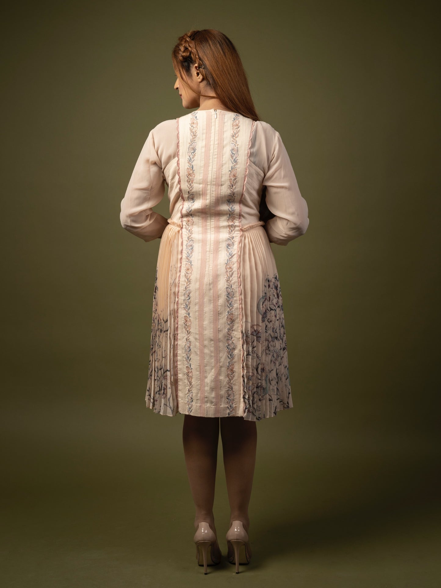 Pink pleated knee length dress. image 2