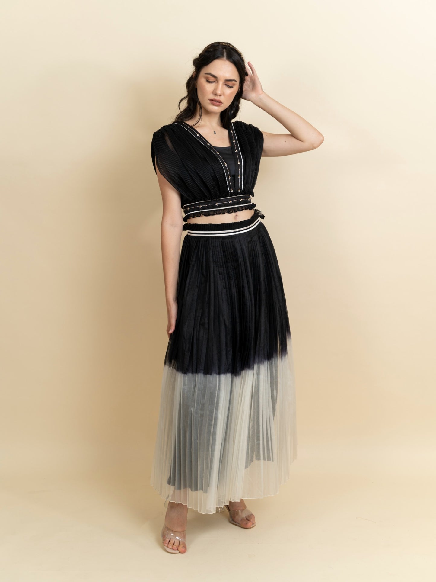 Draped organza top with pleated skirt. (Black) image 3