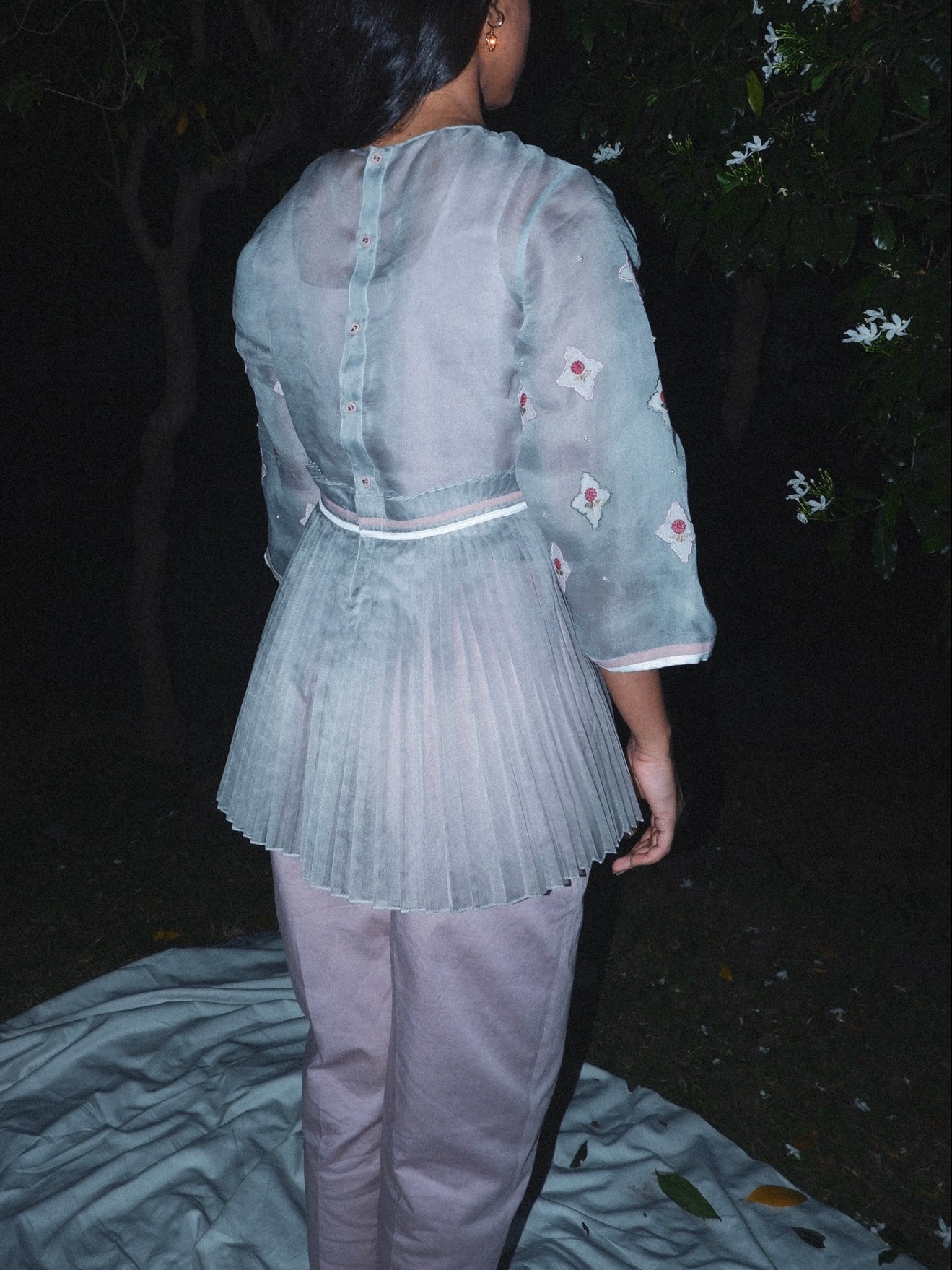 Grey peplum organza blazer with pants. image 1