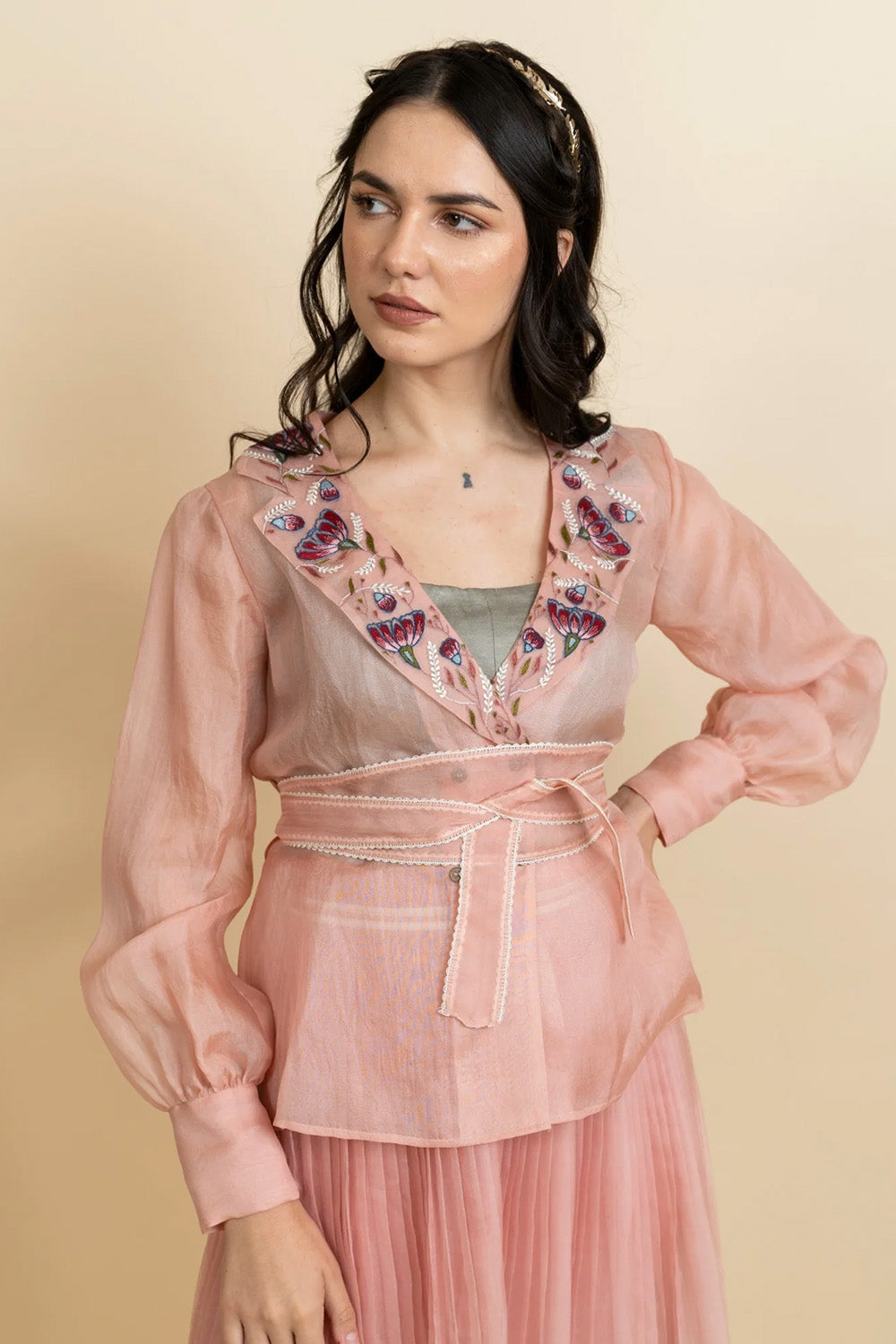 Embroidered organza blazer with pleated skirt set.