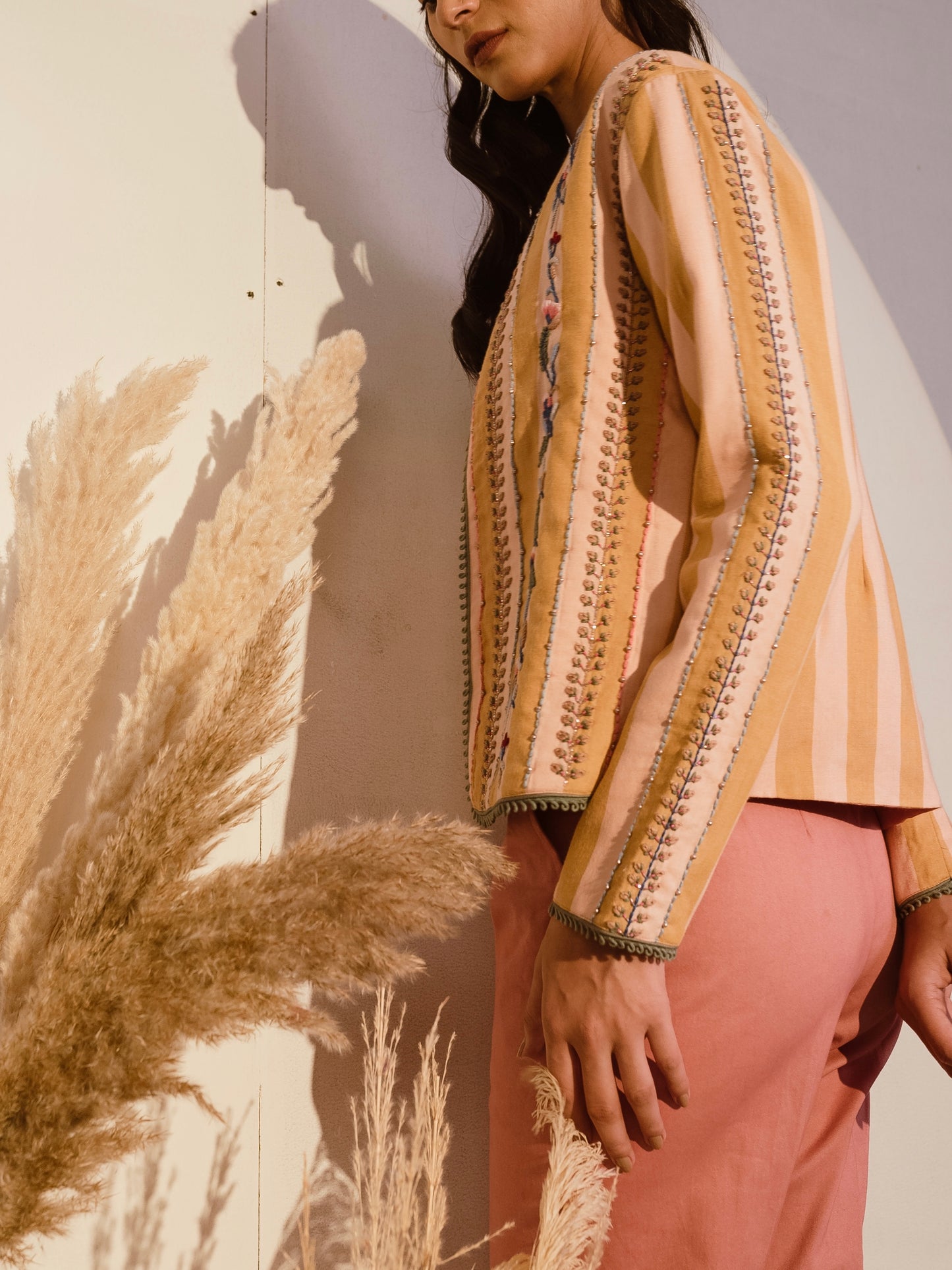 Strip embroidered blazer with pink trousers image 2