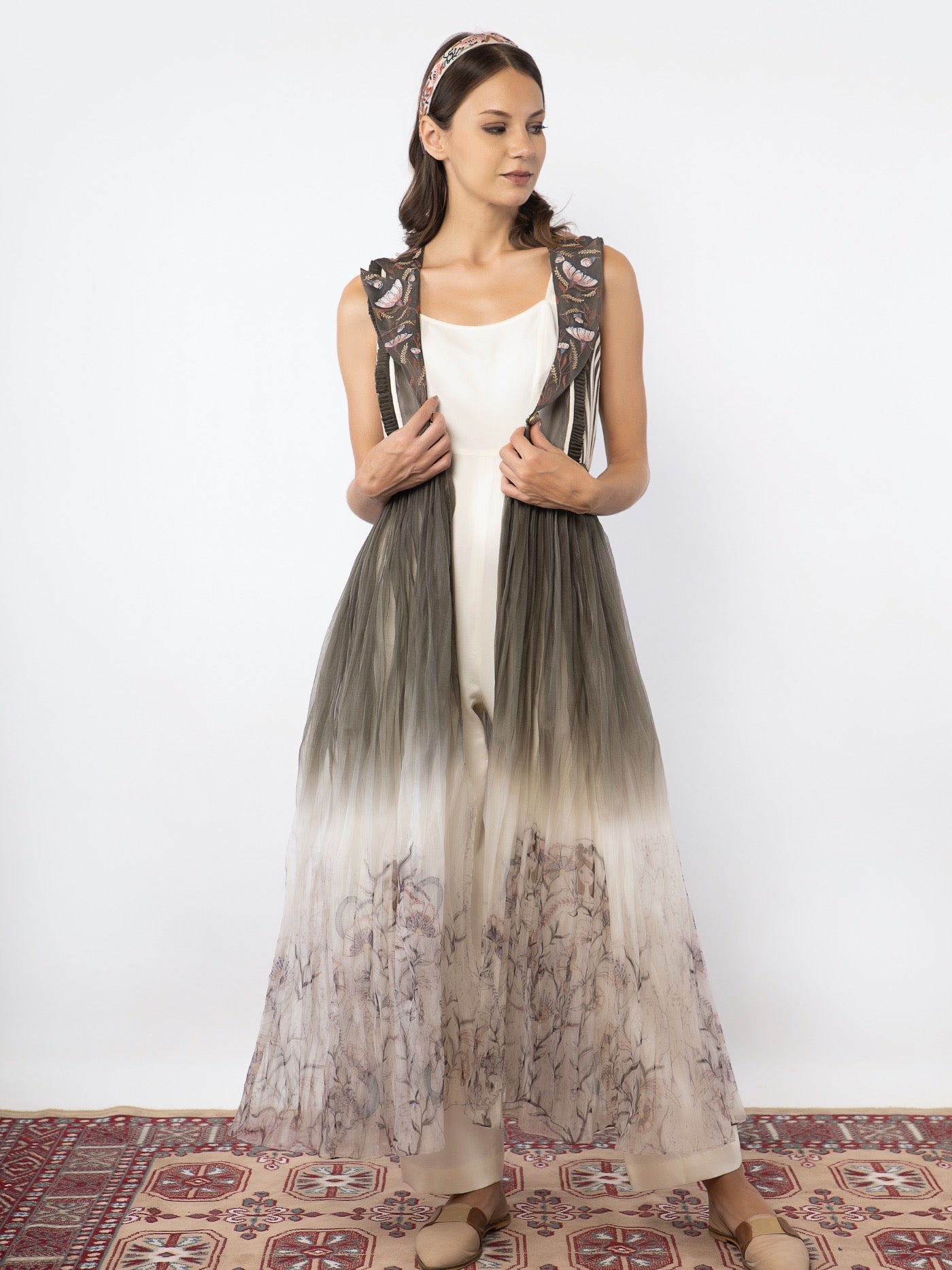 Organza embroidered cape with off white jumpsuit image 3