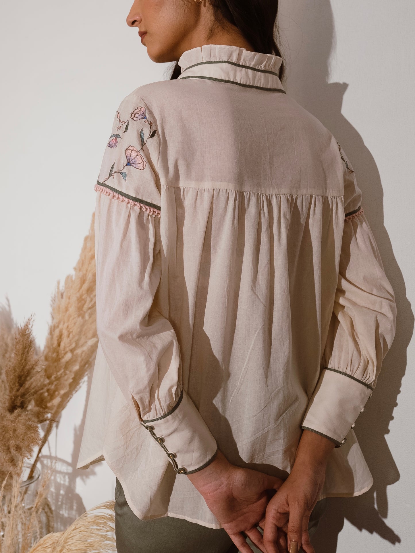 Off white embroidered top with olive pants image 3