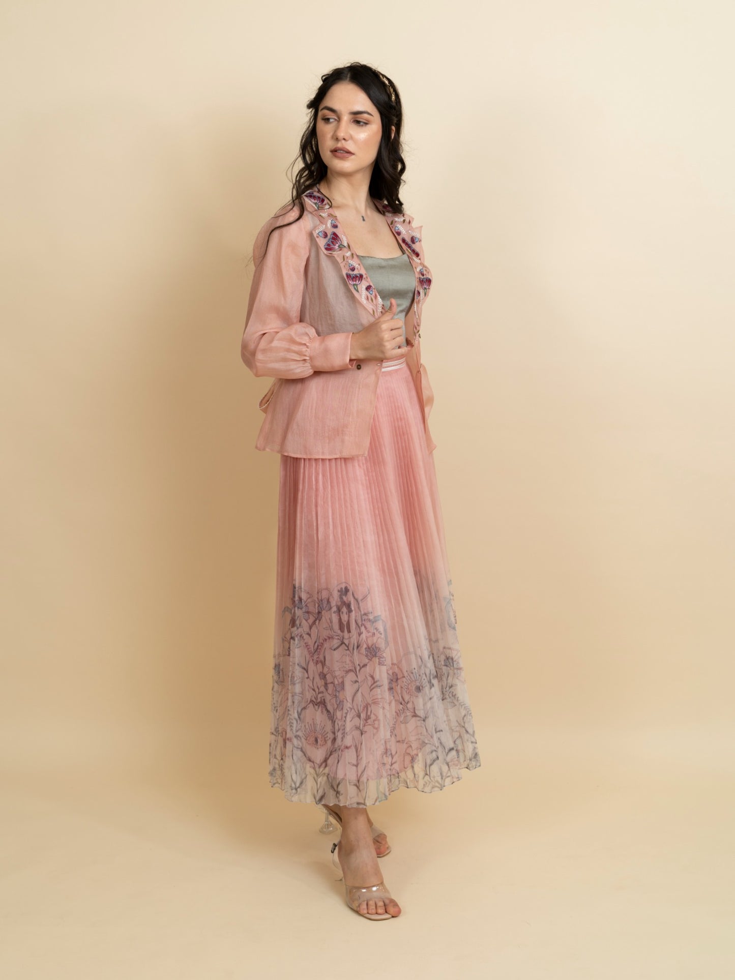 Embroidered organza blazer with pleated skirt set. image 1