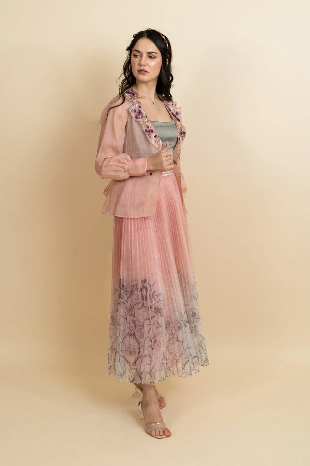 Embroidered organza blazer with pleated skirt set.
