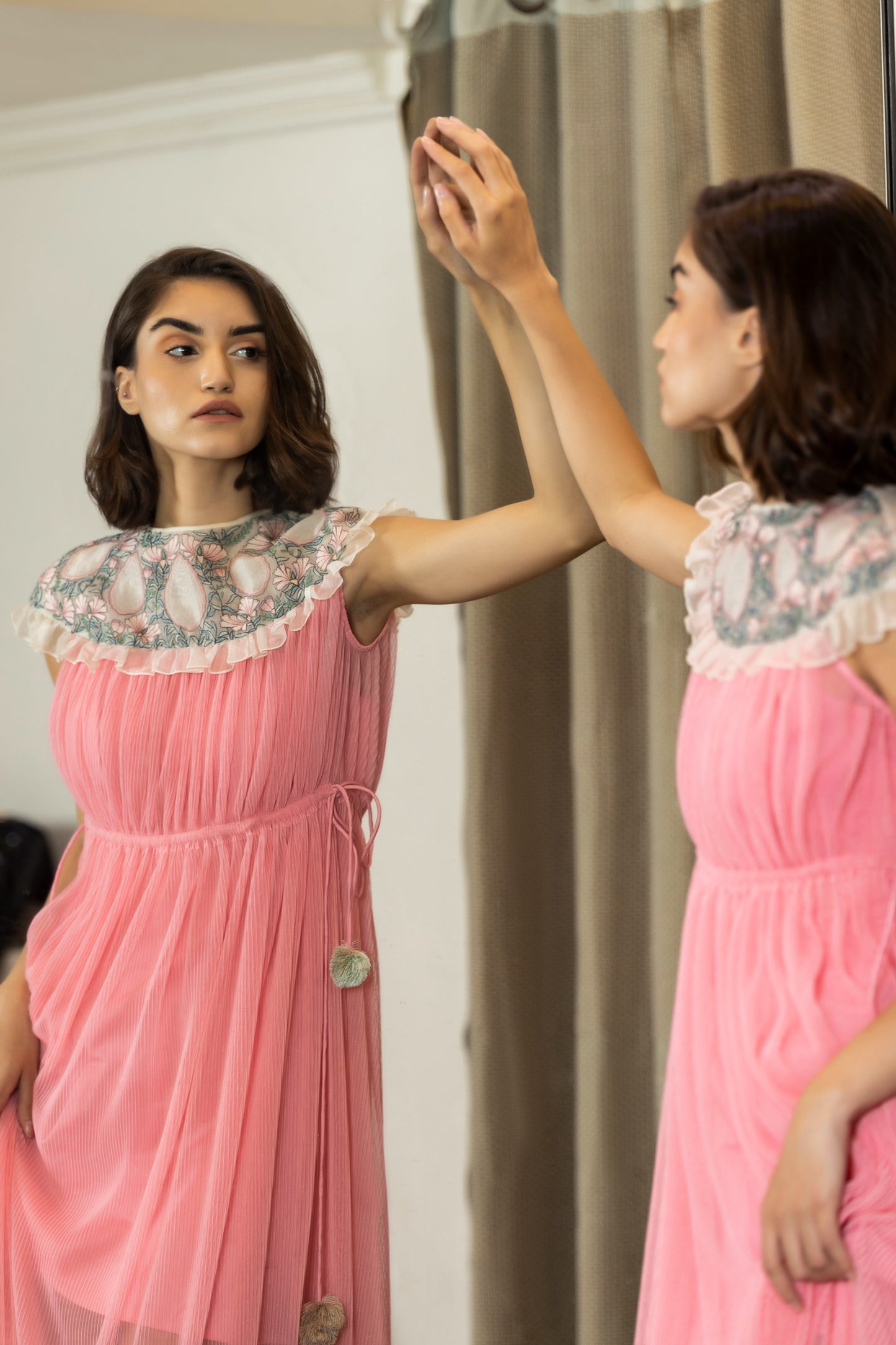 Drop shoulder embroidered full length pink gown. image 0