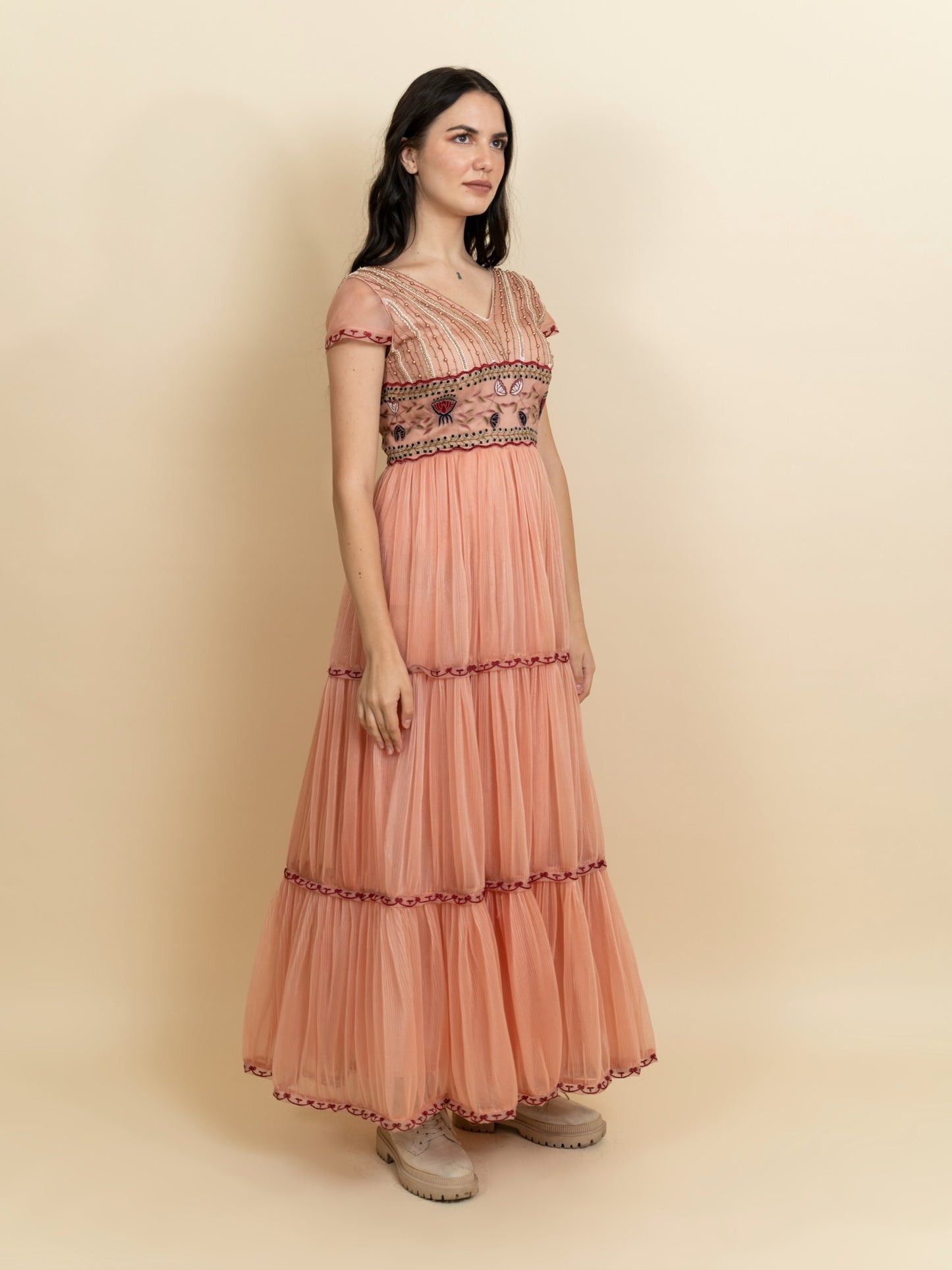 Galaxy embroidered 3-layered full length dress. (Peach) image 0
