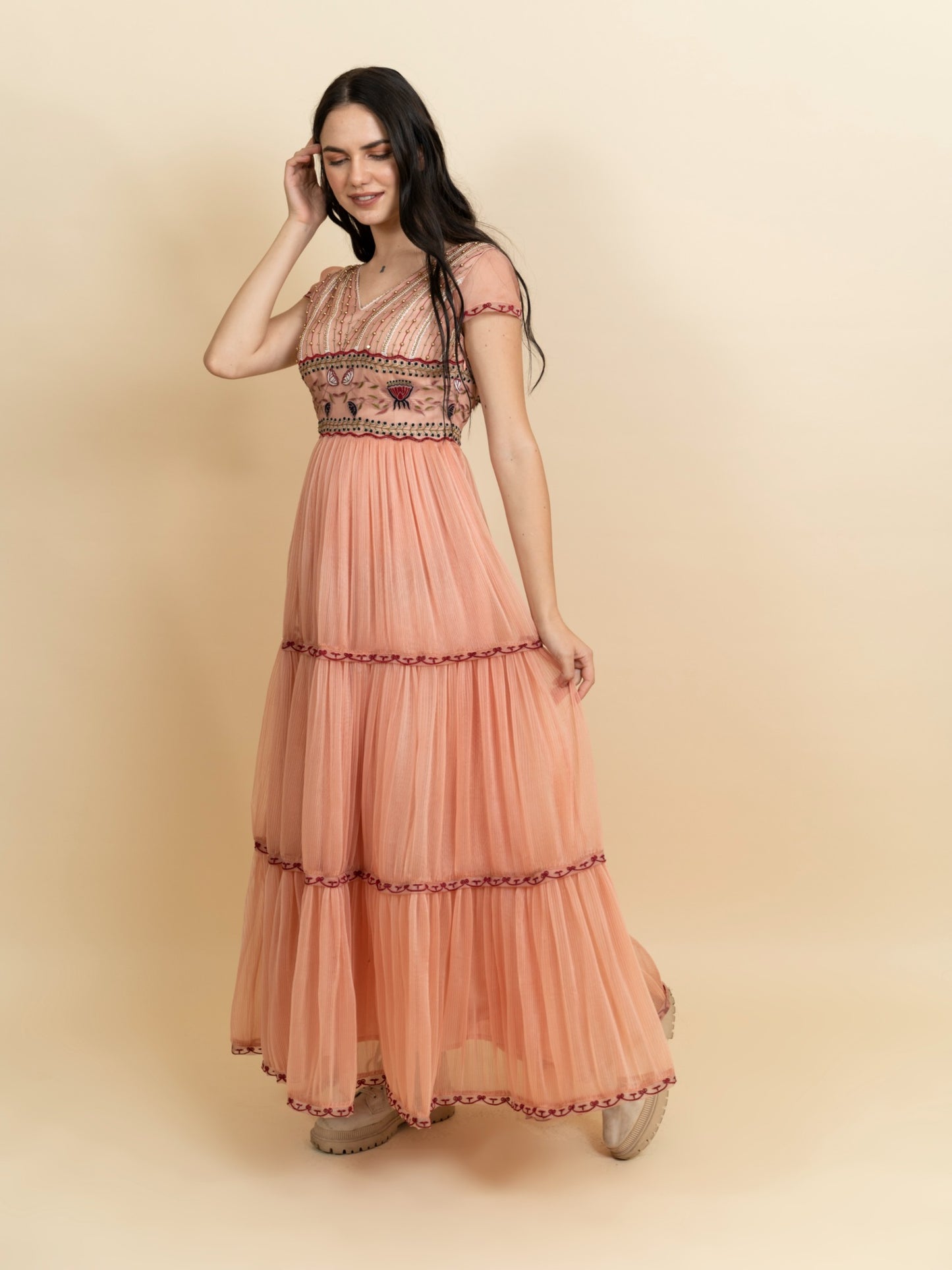 Galaxy embroidered 3-layered full length dress. (Peach) image 1