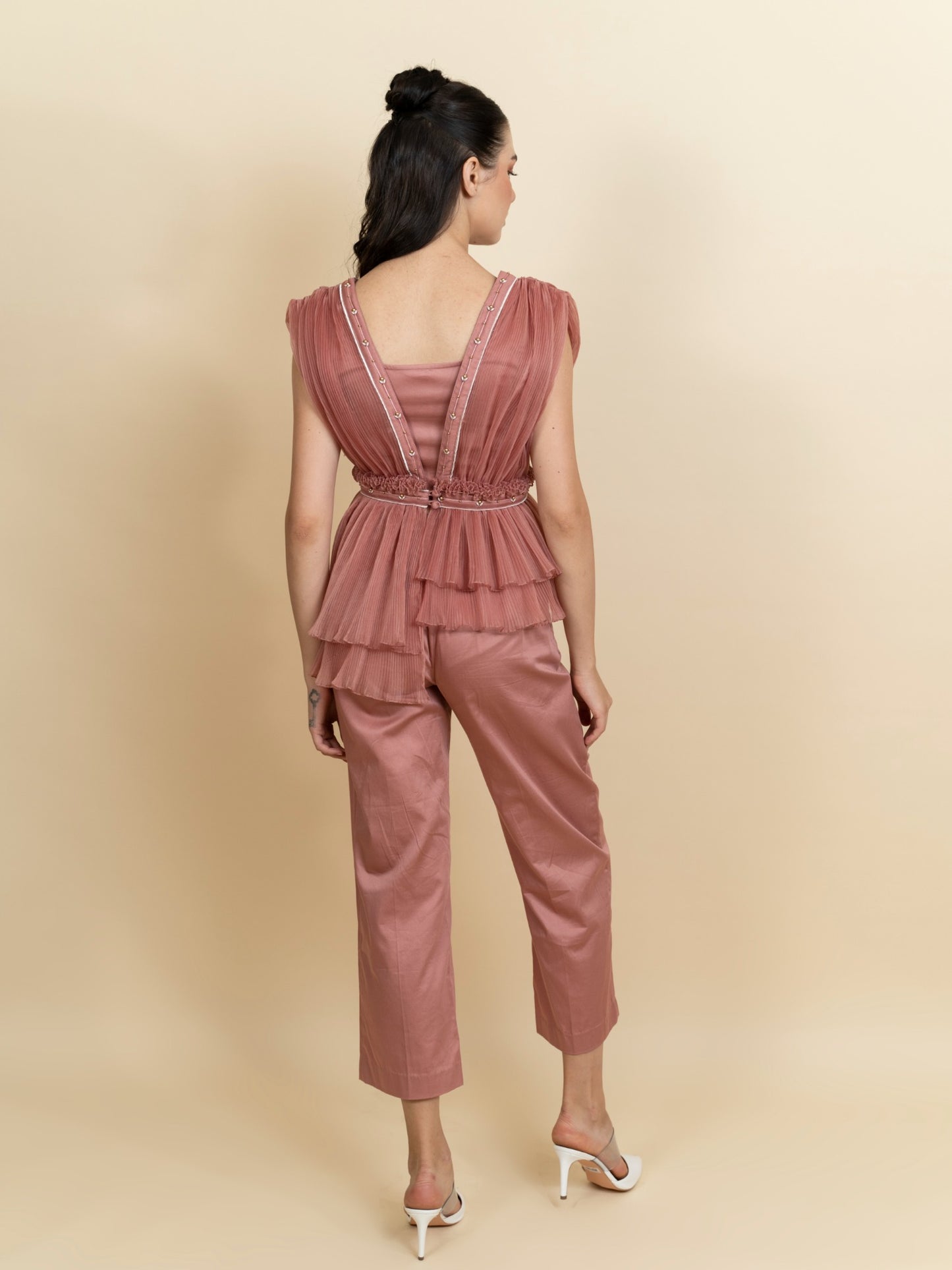 Draped organza pleated top with pants. (Blush pink) image 3