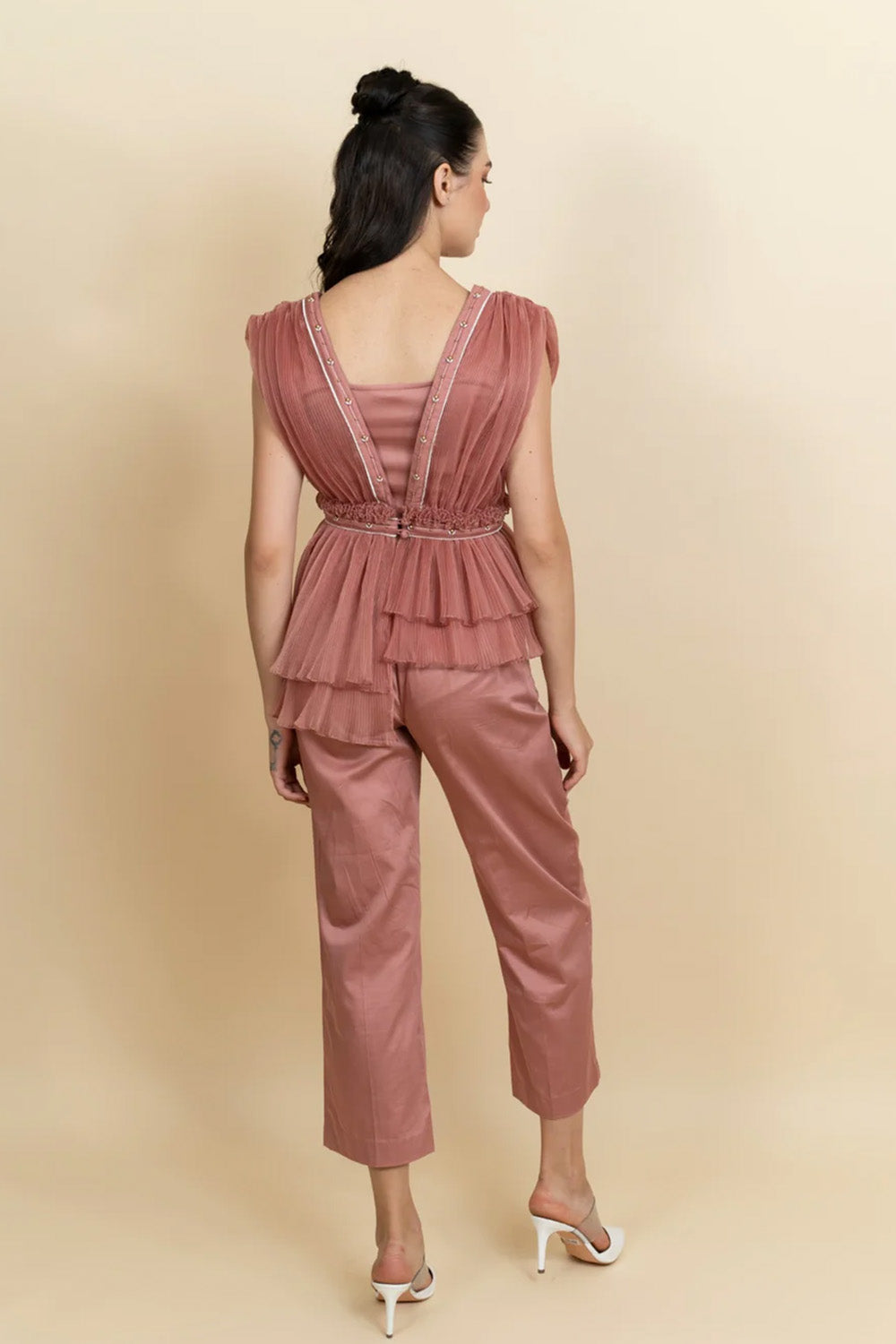 Draped organza pleated top with pants. (Blush pink)