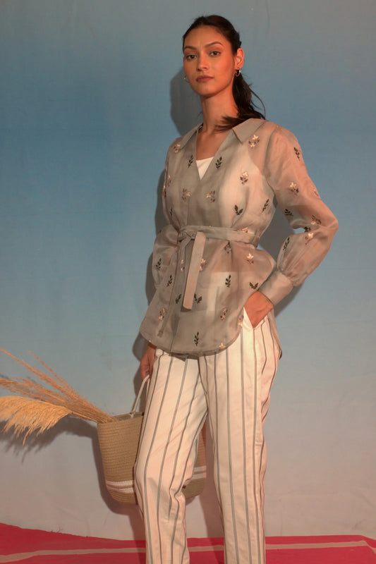 Floral organza Shirt with stripe pants