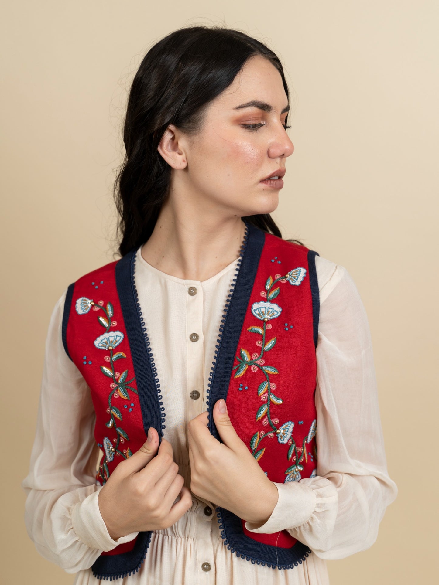 Georgette dress with embroidered jacket. (Ivory) image 0