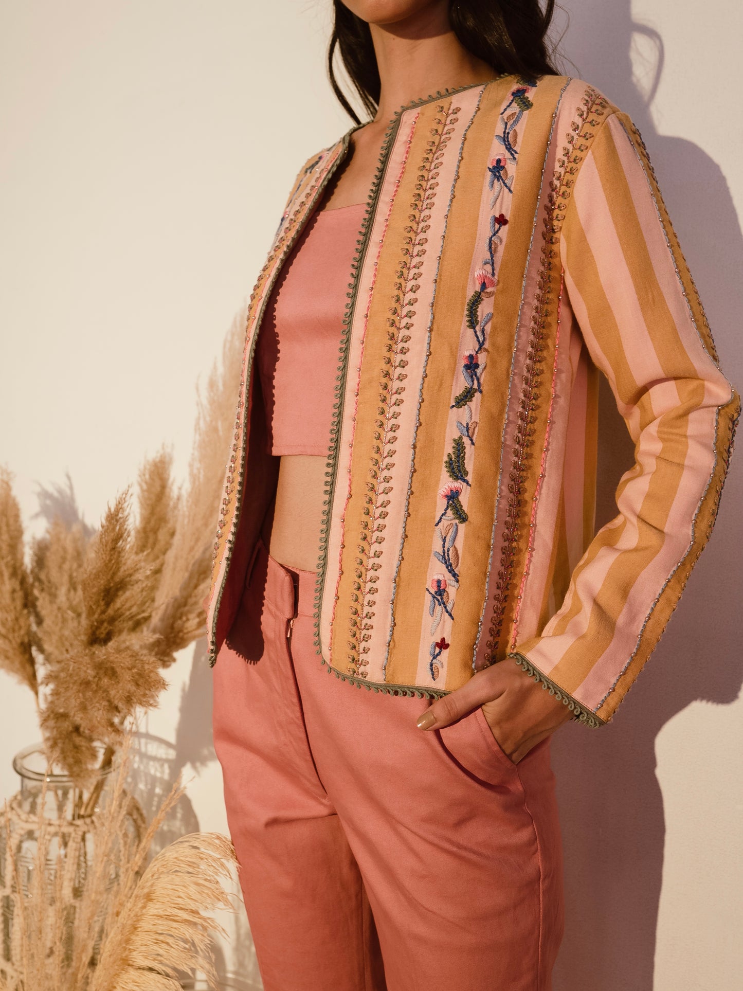 Strip embroidered blazer with pink trousers image 1