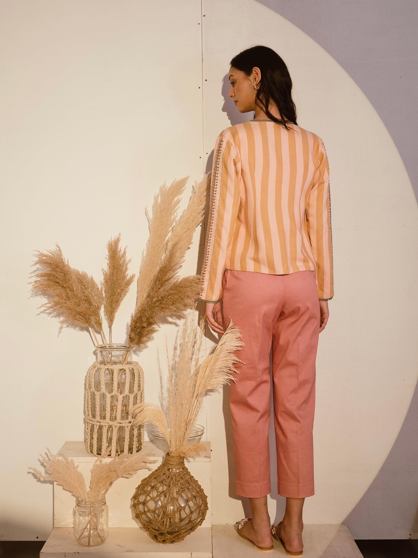 Strip embroidered blazer with pink trousers image 3