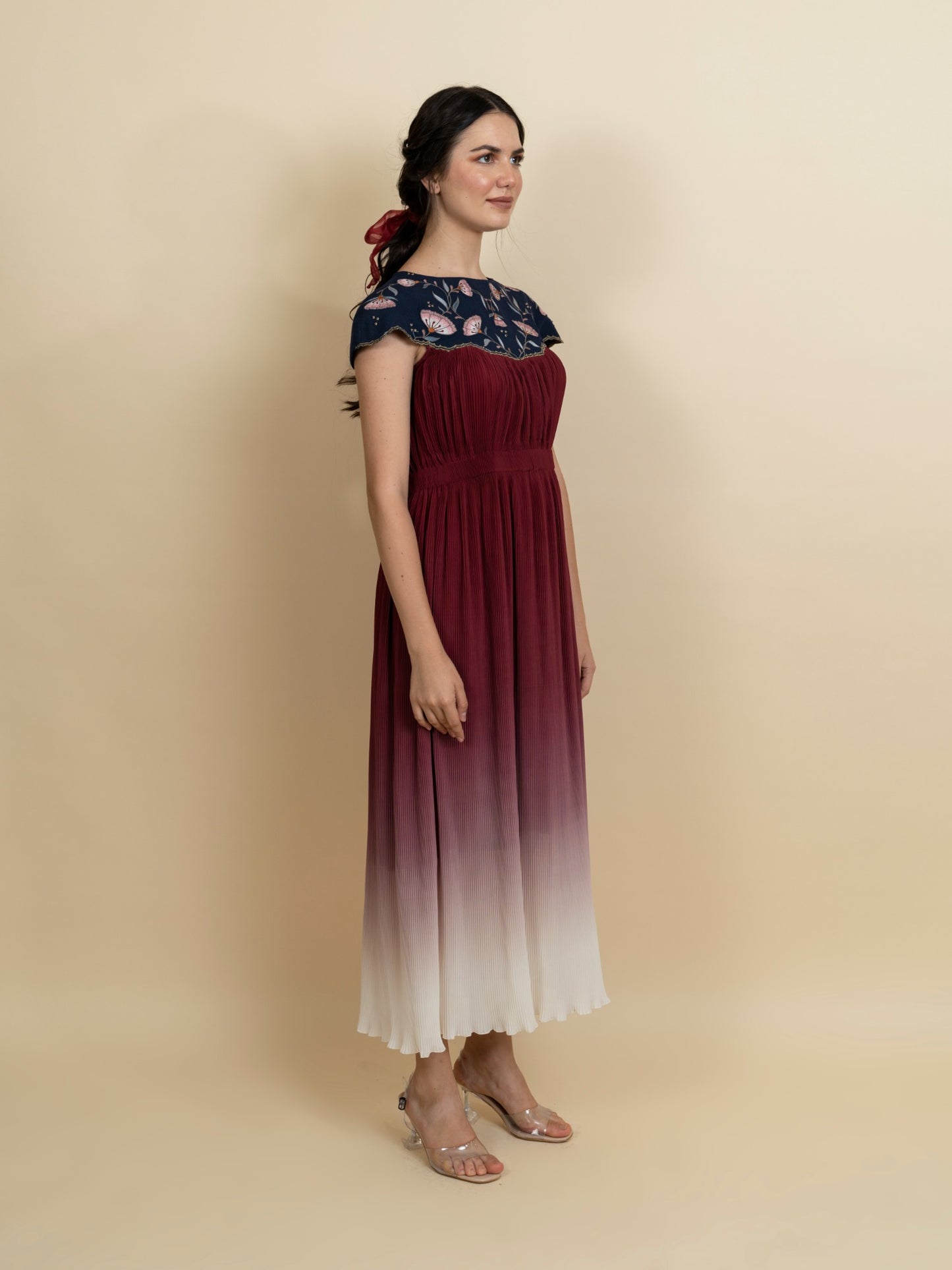 Floral embroidered neckline in a full length dress. (Blue) image 2