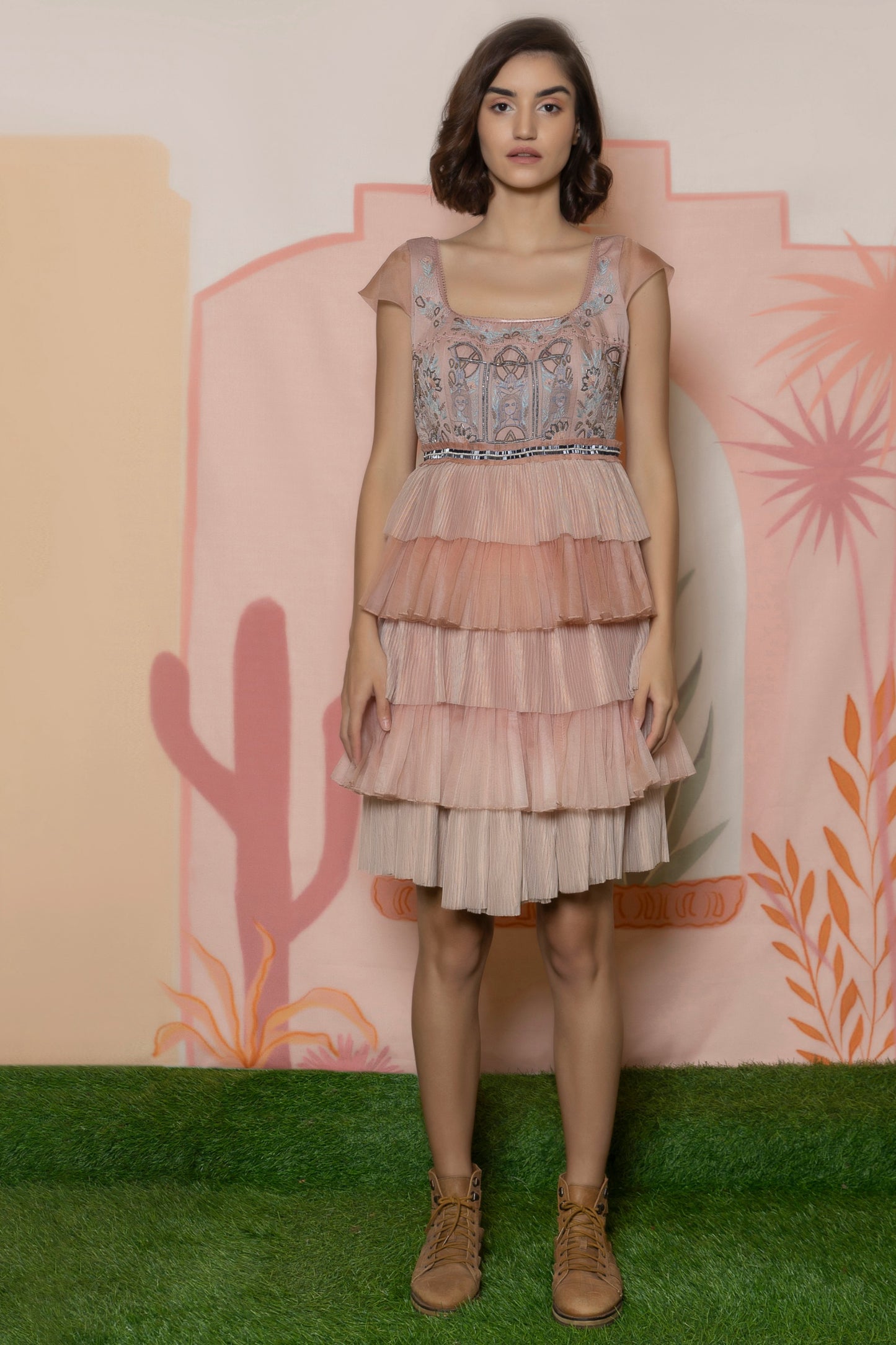 Embroidered knee length multi-layer dress. image 0