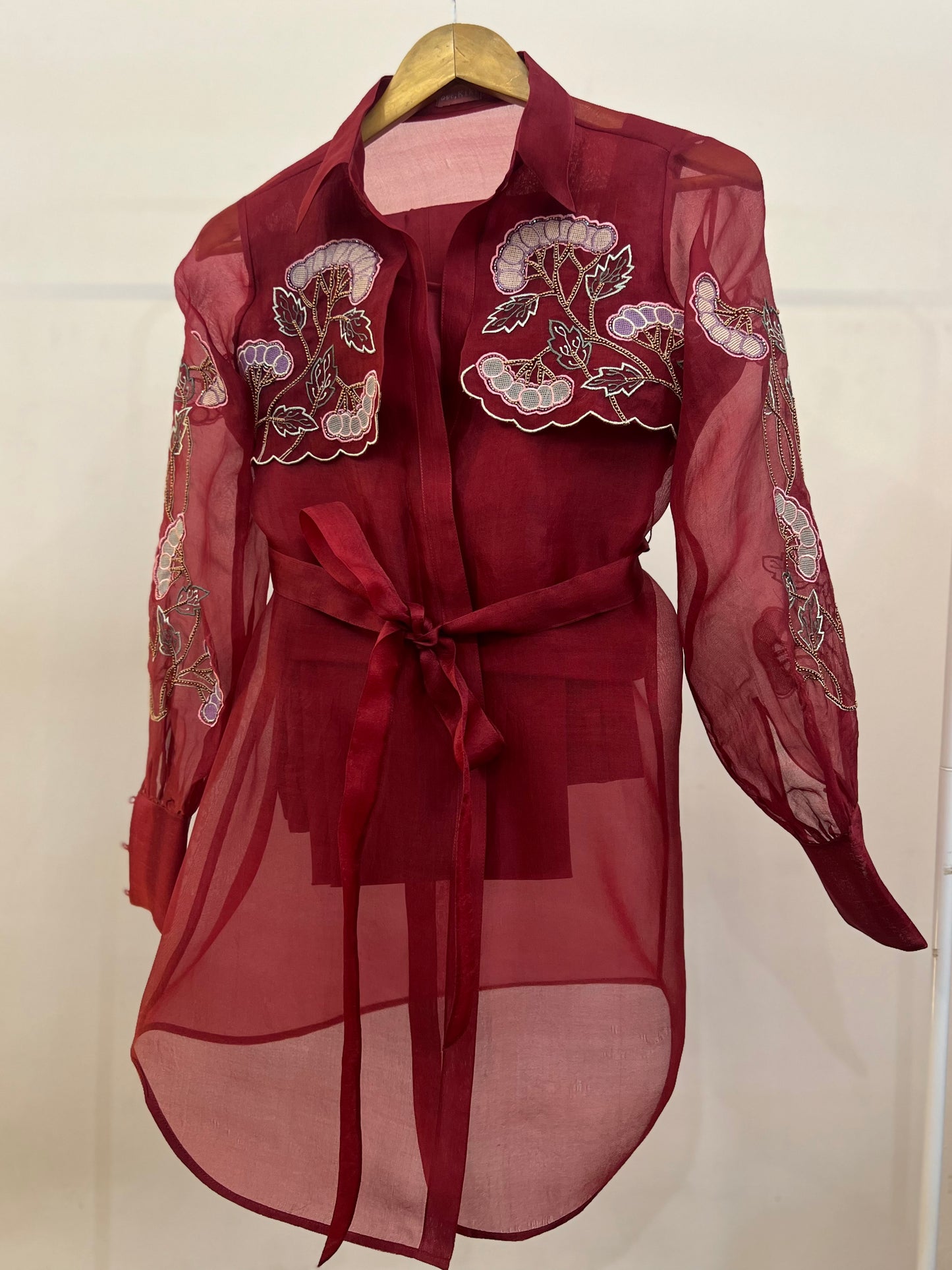 Ruby red organza trench with inner and pants image 1