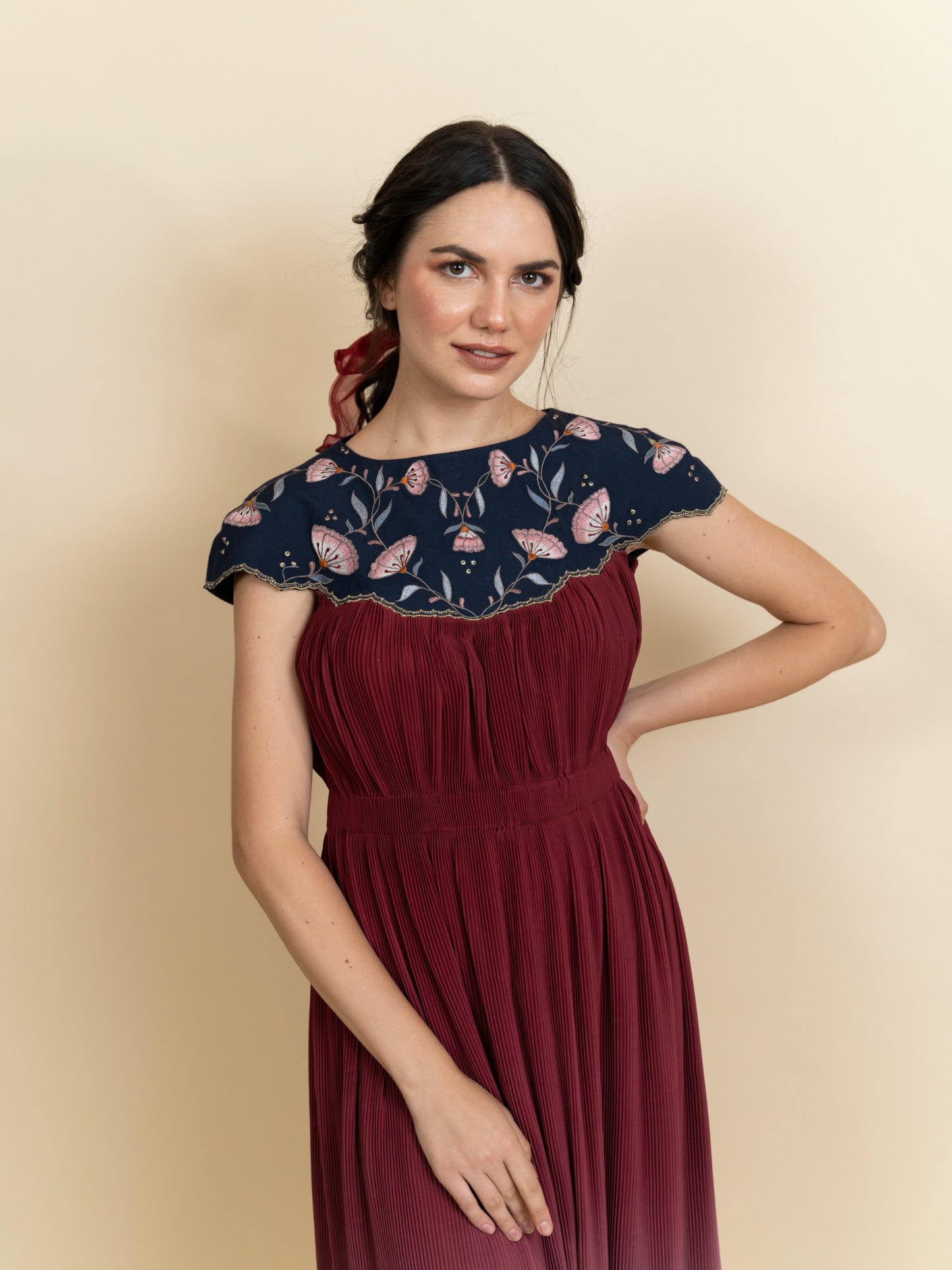 Floral embroidered neckline in a full length dress. (Blue) image 0