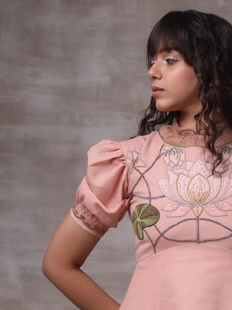 Lotus embroidered pink dress. image 0