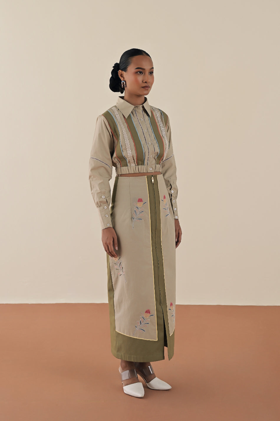 Stripe crop top with olive embroidered skirt image 4