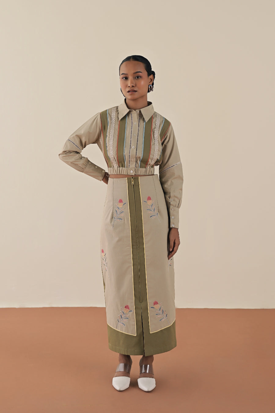 Stripe crop top with olive embroidered skirt image 2