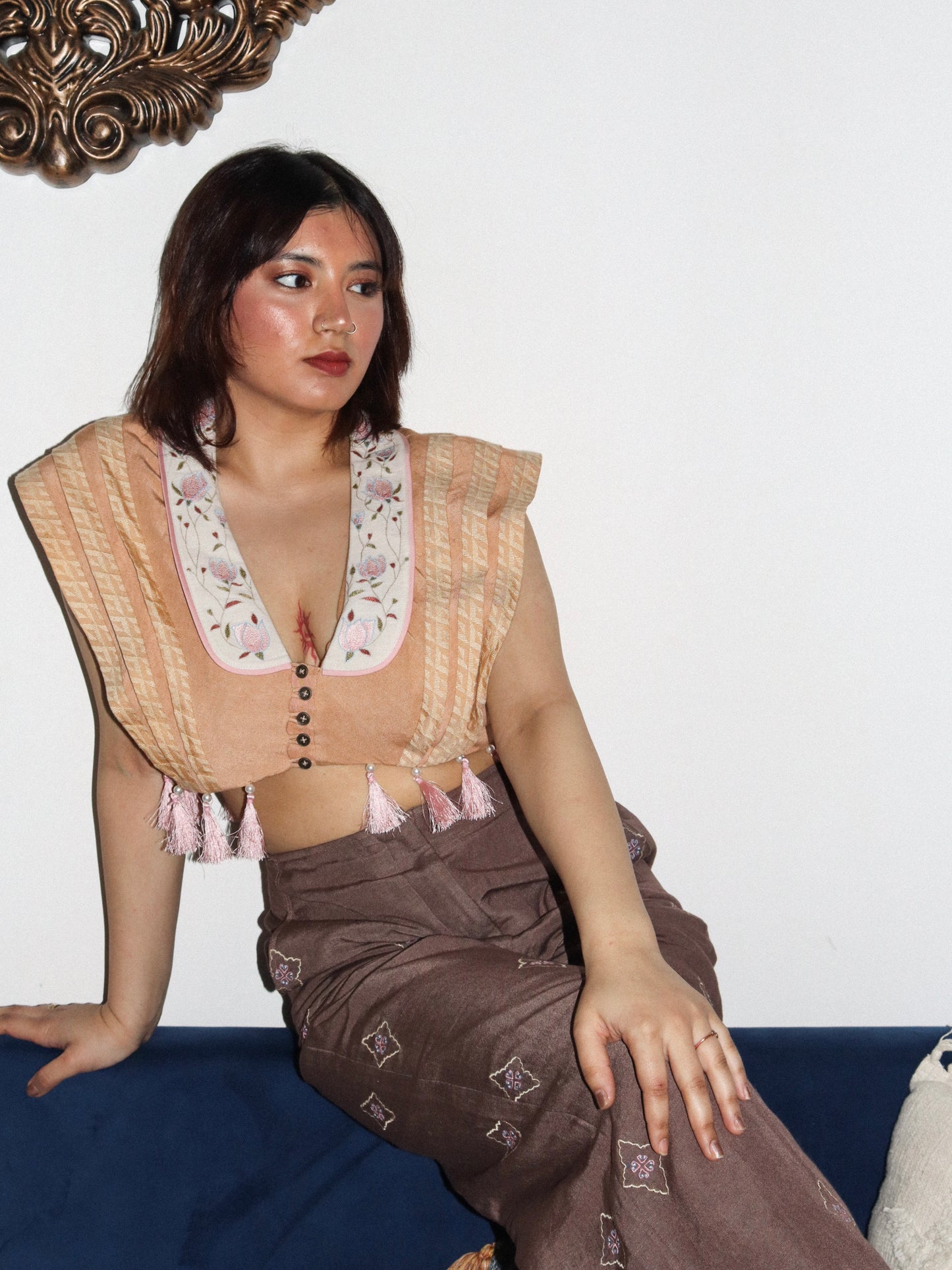Mustard drape top with embroidered pants image 1