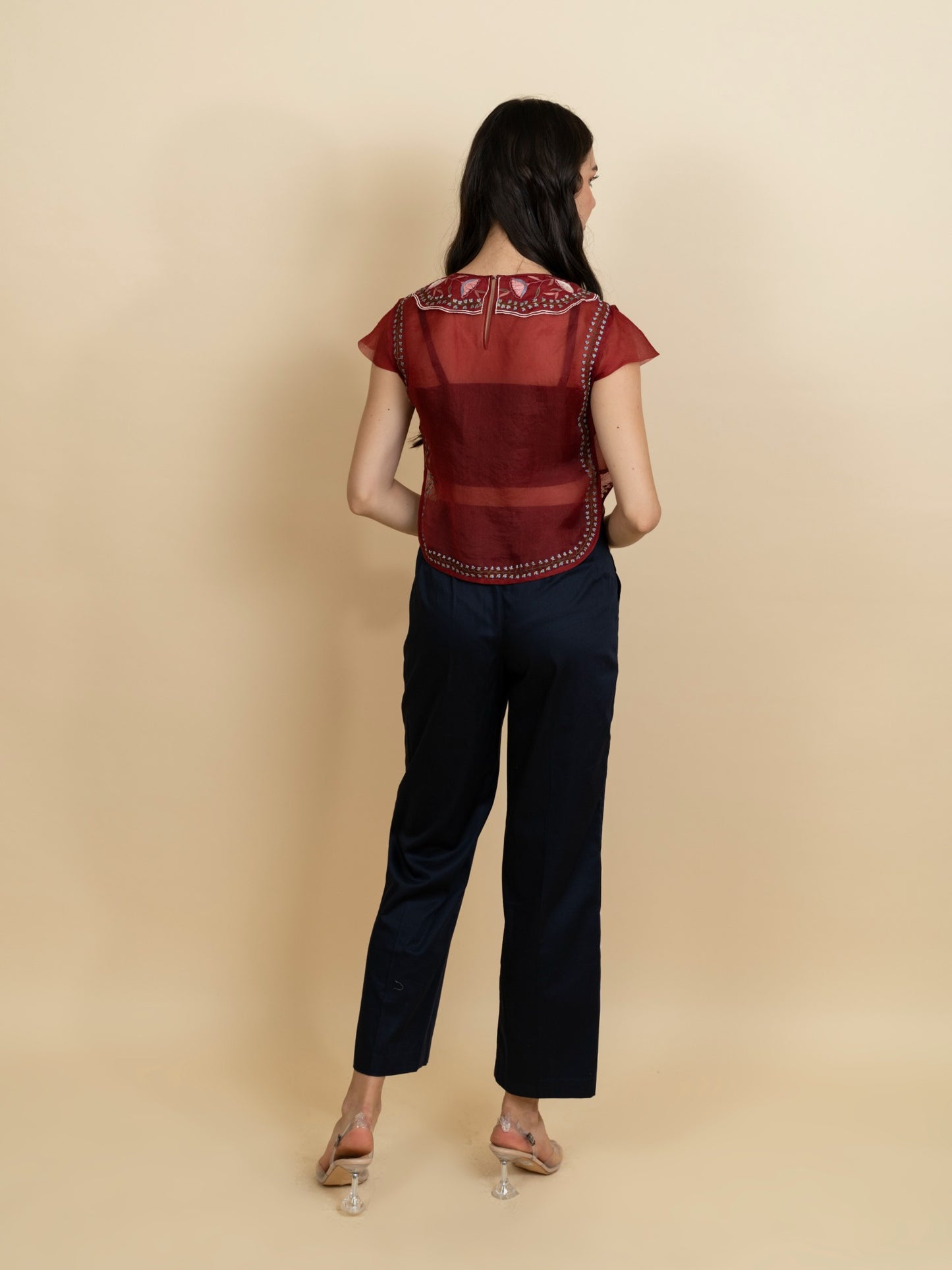 Silk organza embroidered top with pants. (Red) image 3