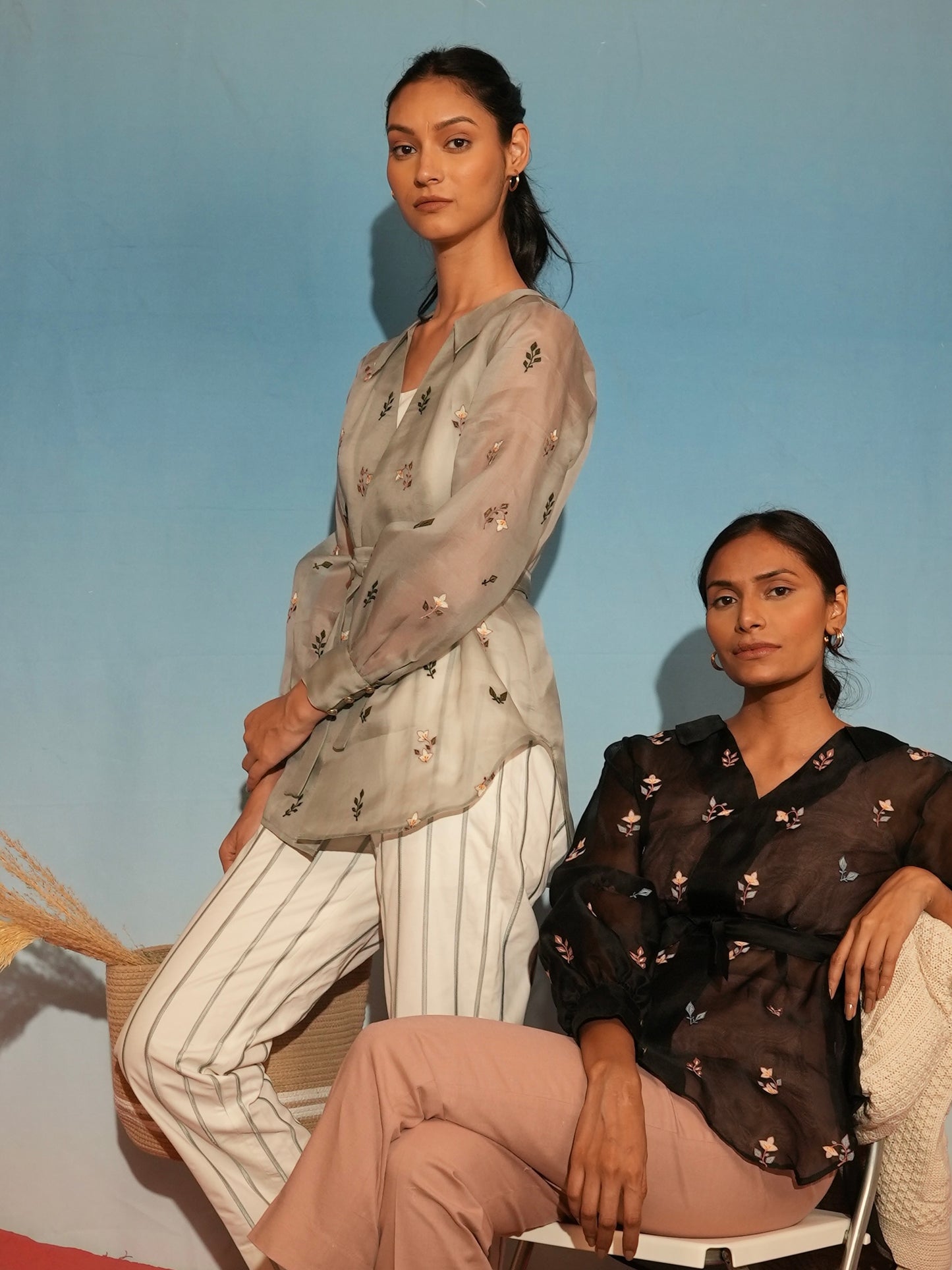 Floral organza Shirt with stripe pants image 1