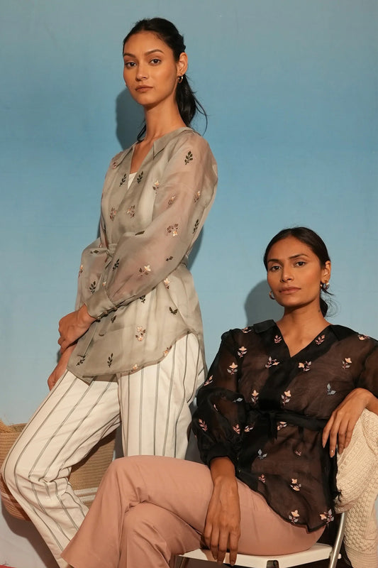 Floral organza Shirt with stripe pants