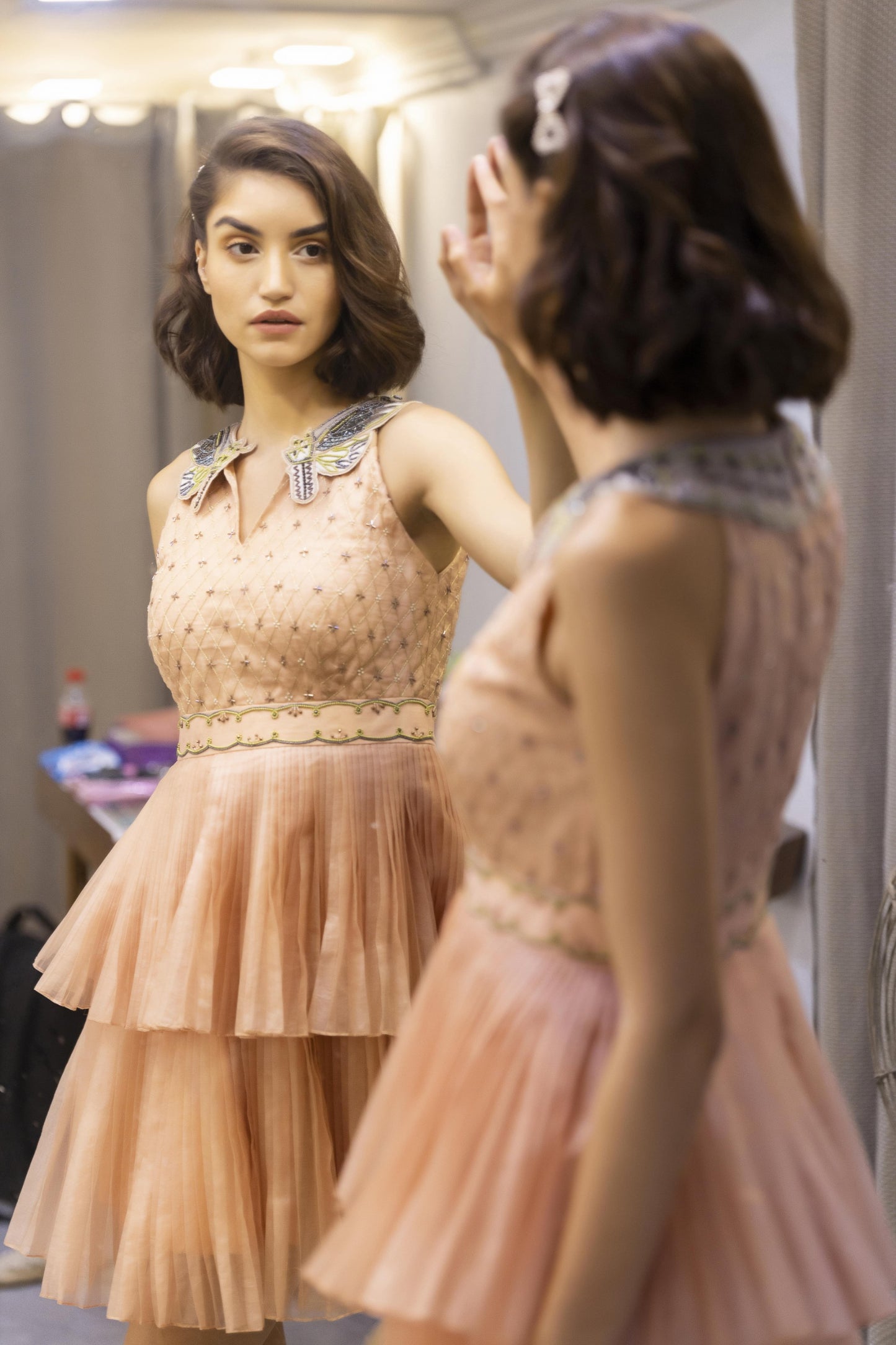 Embroidered pleated knee length collar dress. image 4