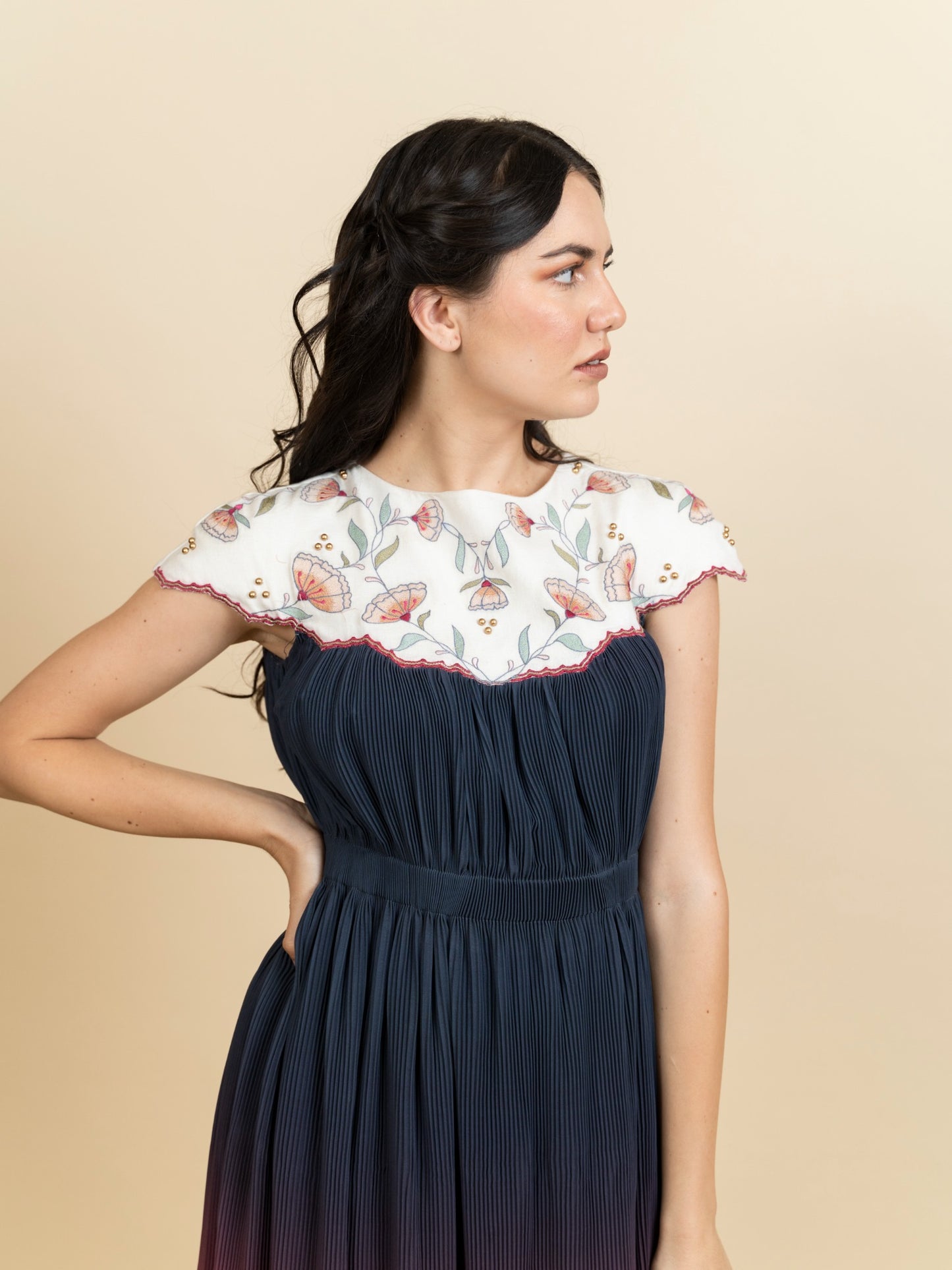 Embroidered neckline in a Georgette full length dress. (Ivory) image 2