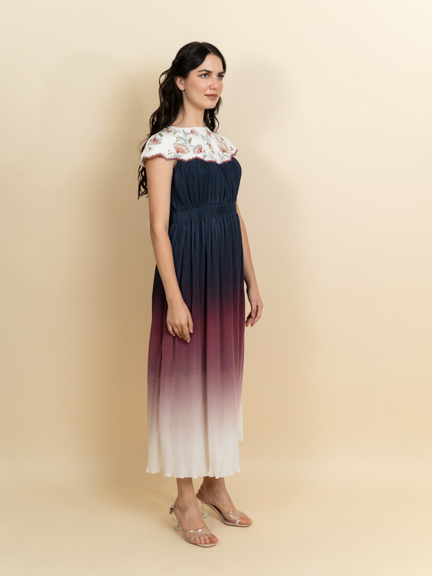 Embroidered neckline in a Georgette full length dress. (Ivory) image 1