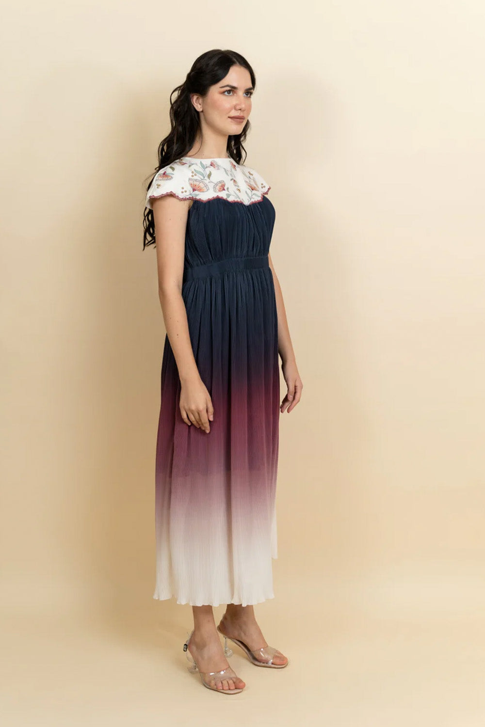 Embroidered neckline in a Georgette full length dress. (Ivory)