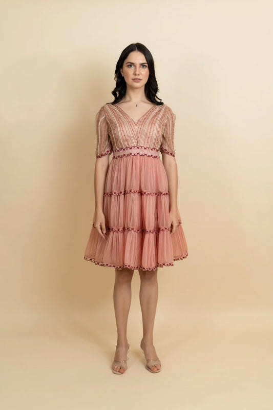 Golden galaxy embroidery in narrow pleated dress.