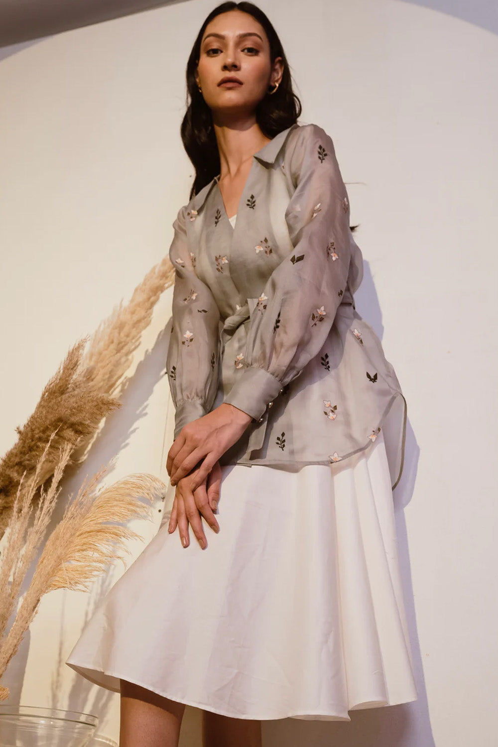 Grey organza shirt with ivory dress