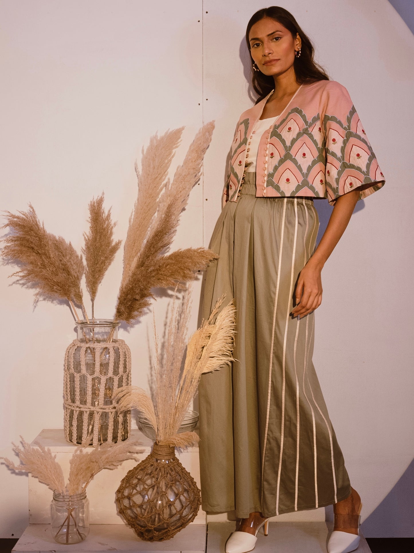 Patchwork linen short blazer with flare pants image 0