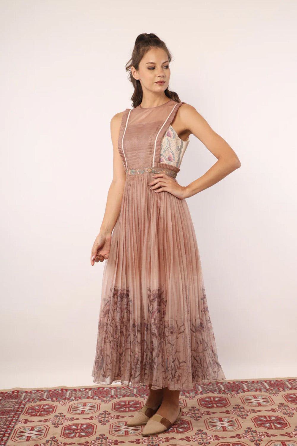 Brown organza pleated gown