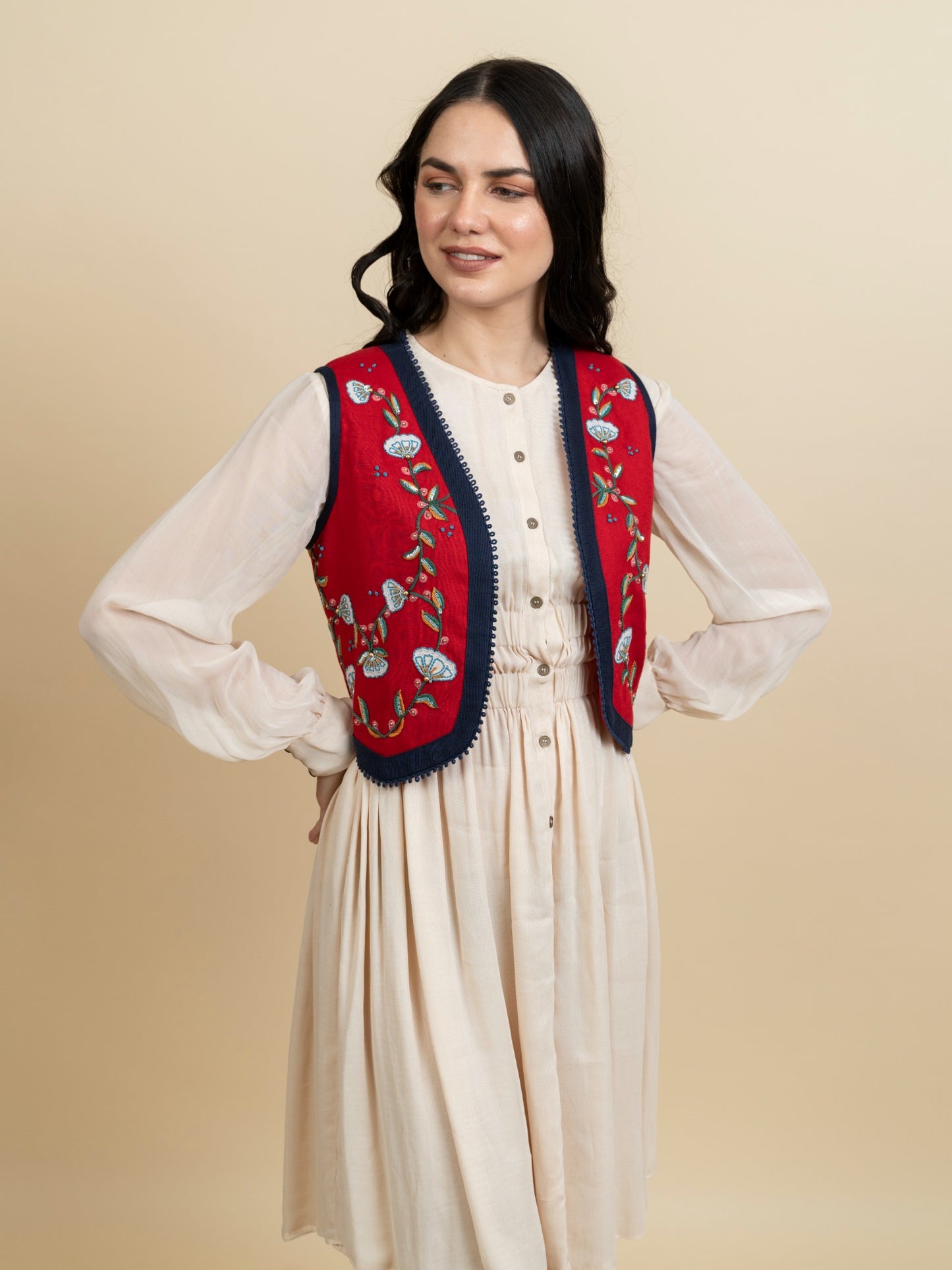 Georgette dress with embroidered jacket. (Ivory) image 1