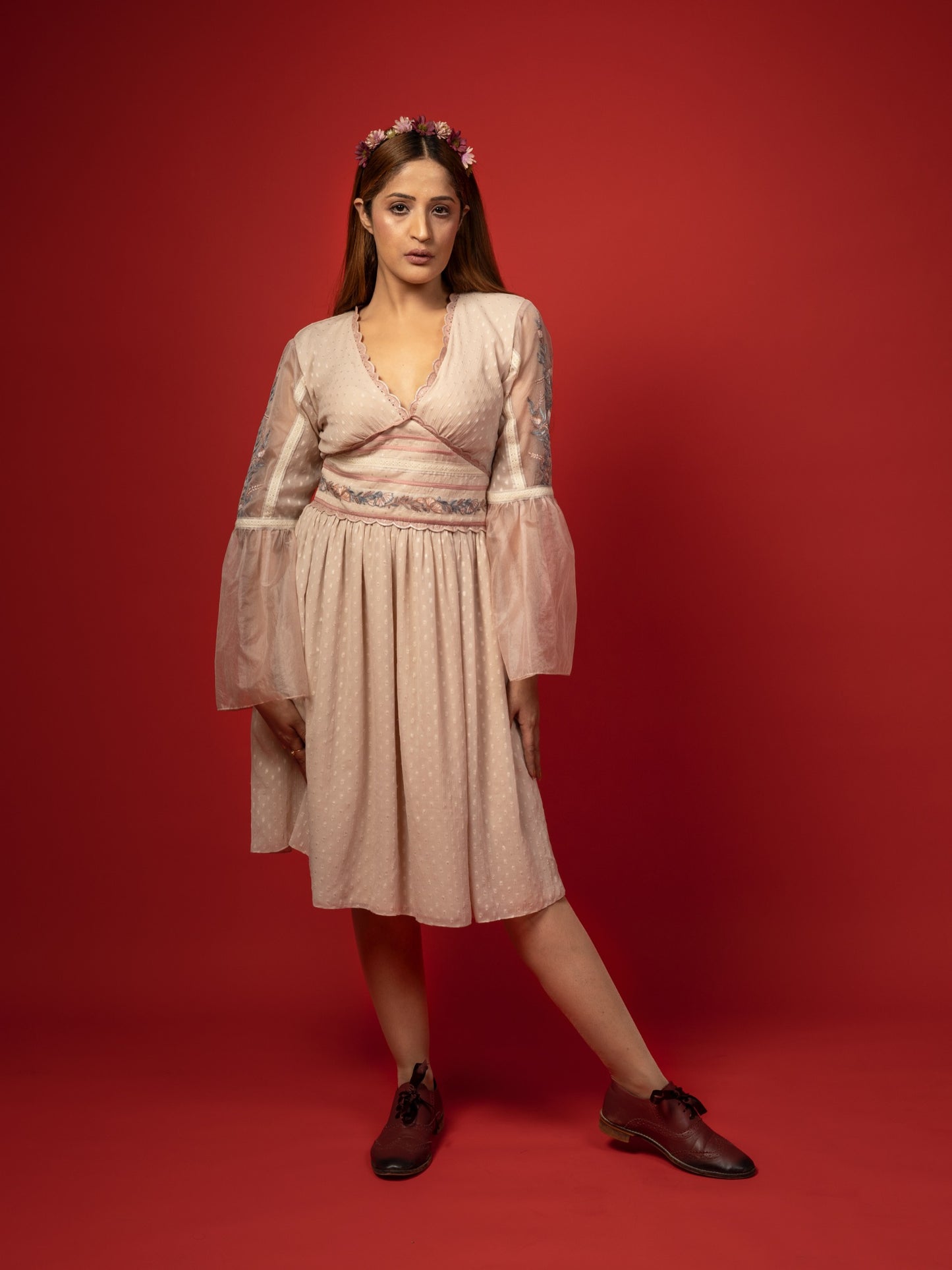 Rose gold mid length dress. image 1