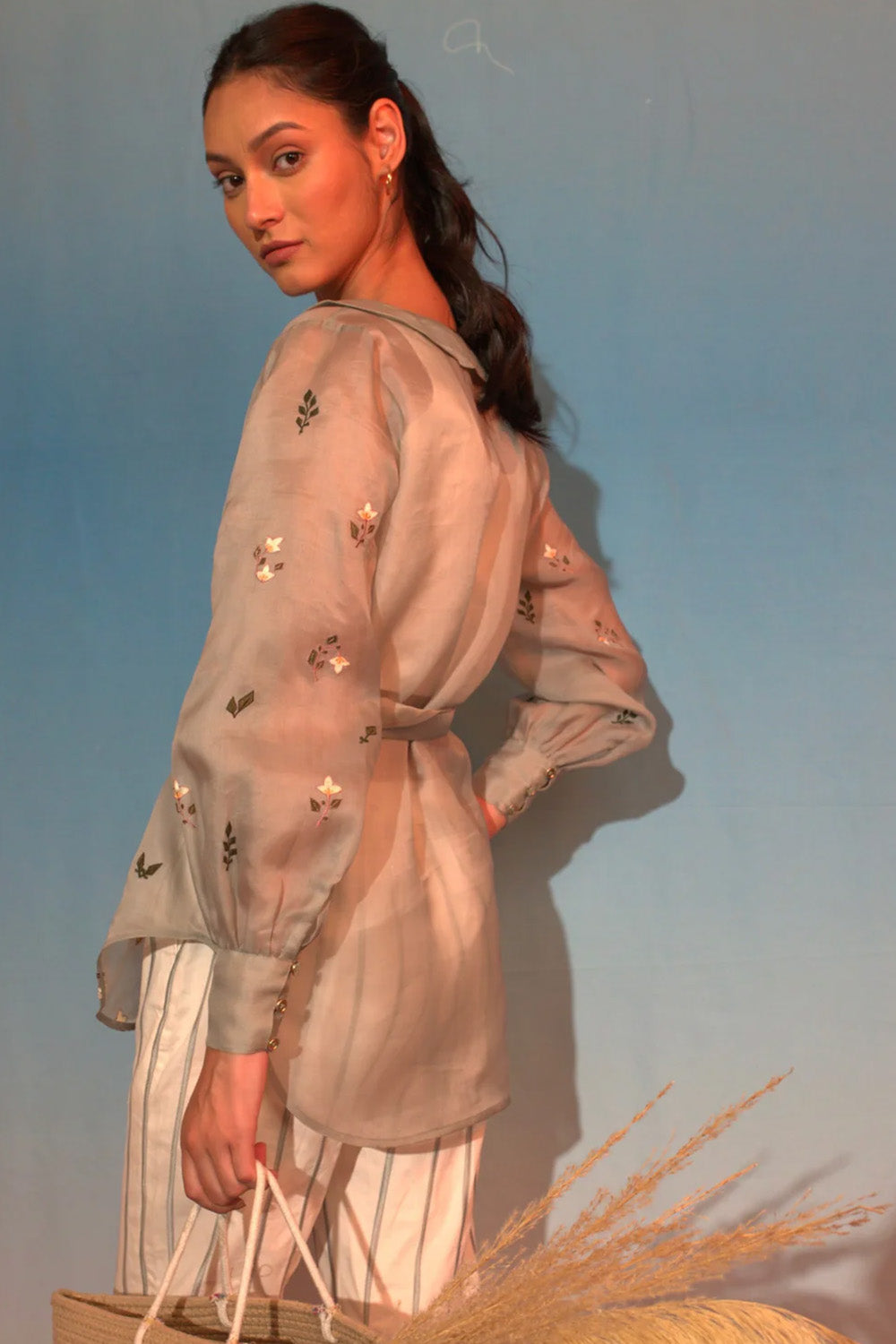 Floral embroidered organza shirt