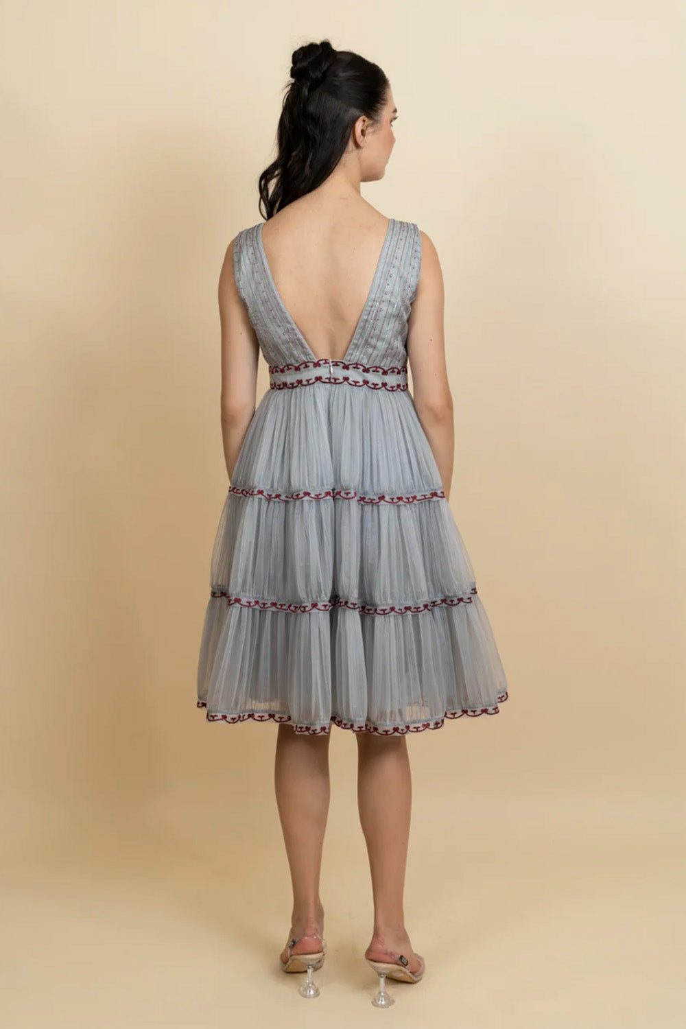 Galaxy embroidered 3-layer pleated dress. (Blue)