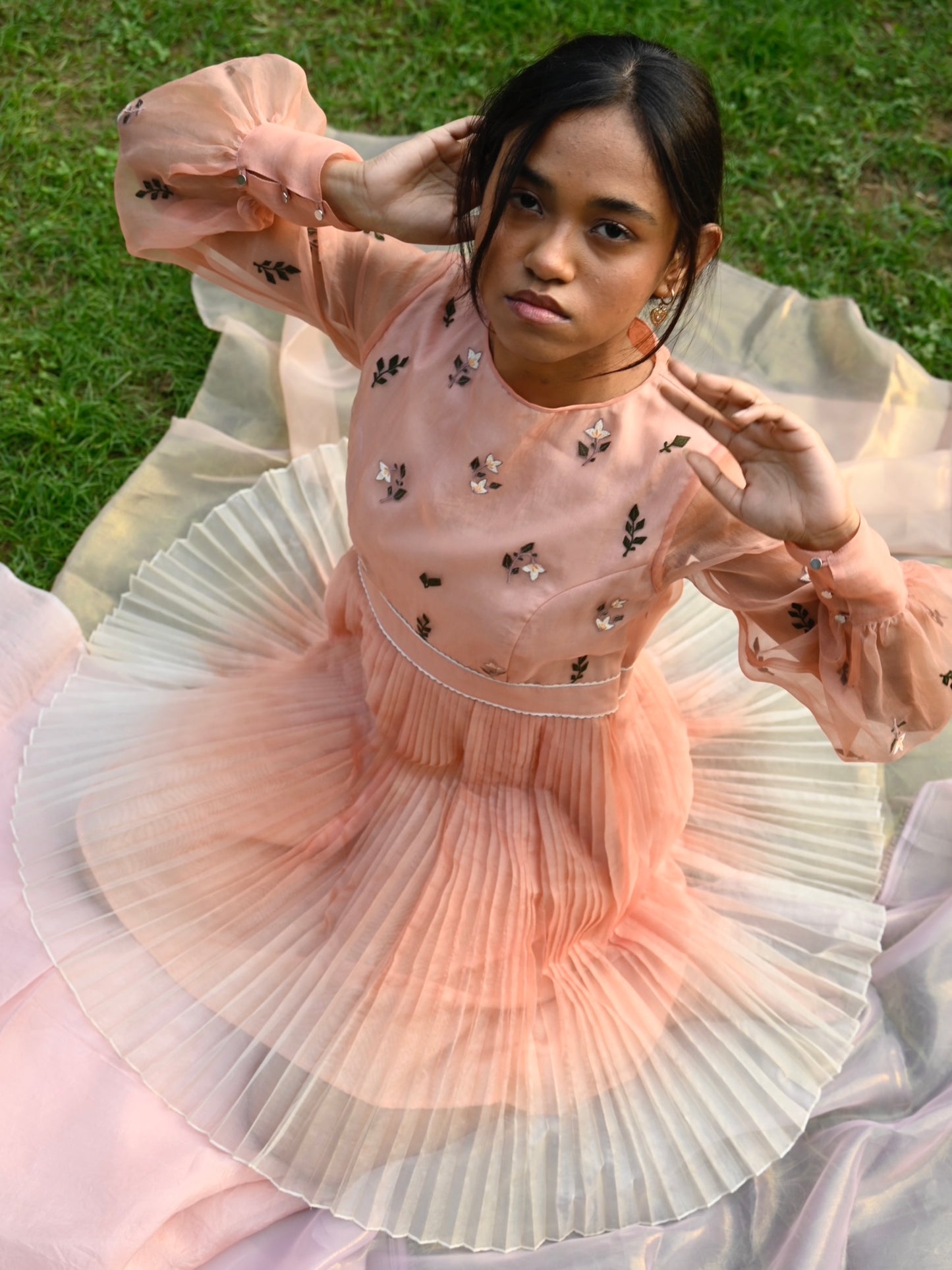 Peach floral embroidered skater dress. image 2