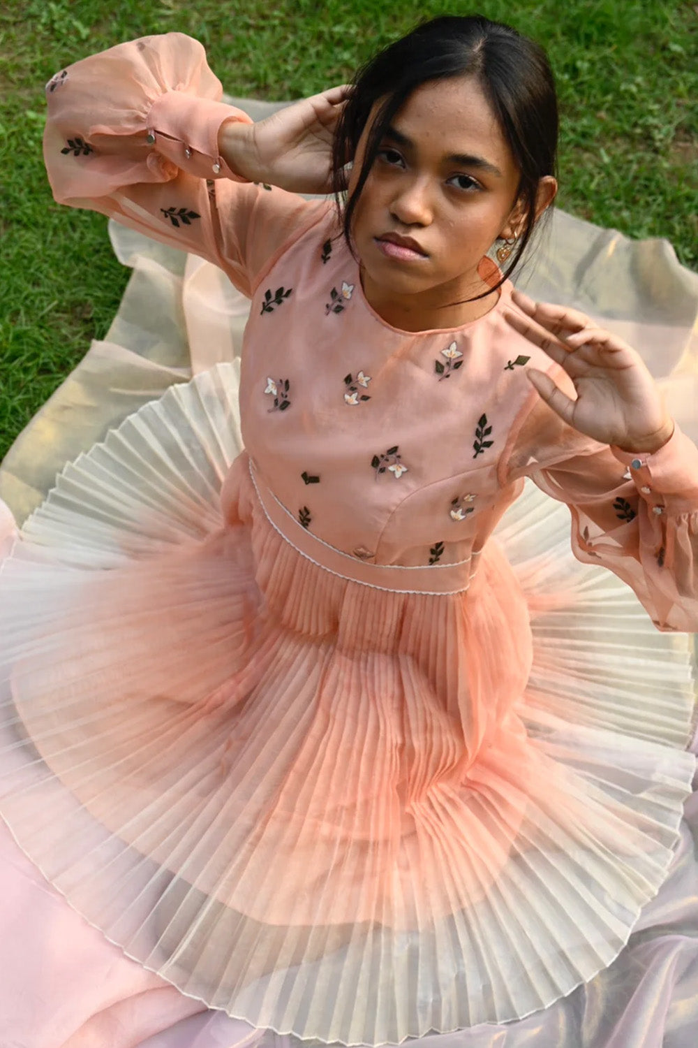 Peach floral embroidered skater dress.