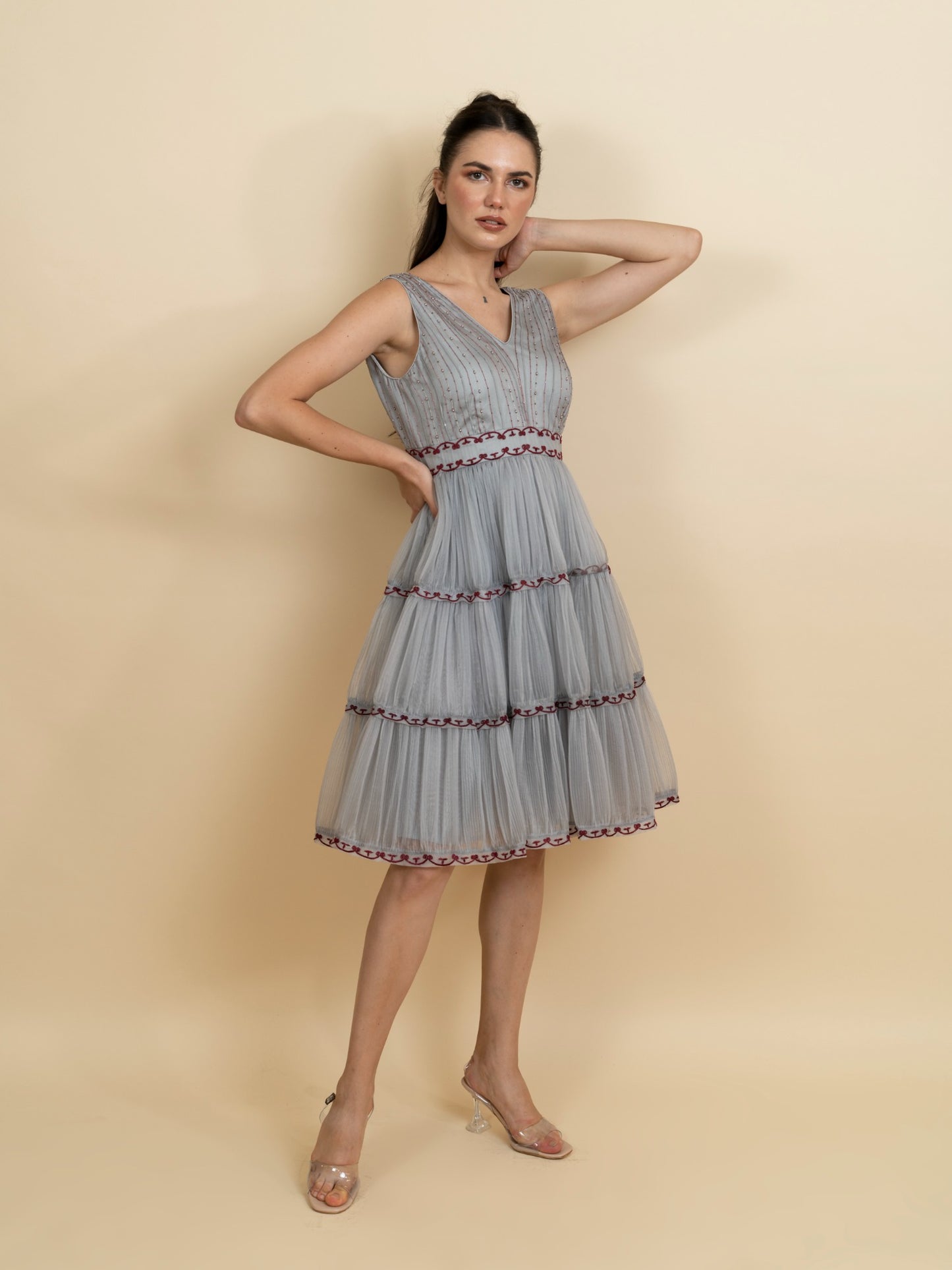 Galaxy embroidered 3-layer pleated dress. (Blue) image 2