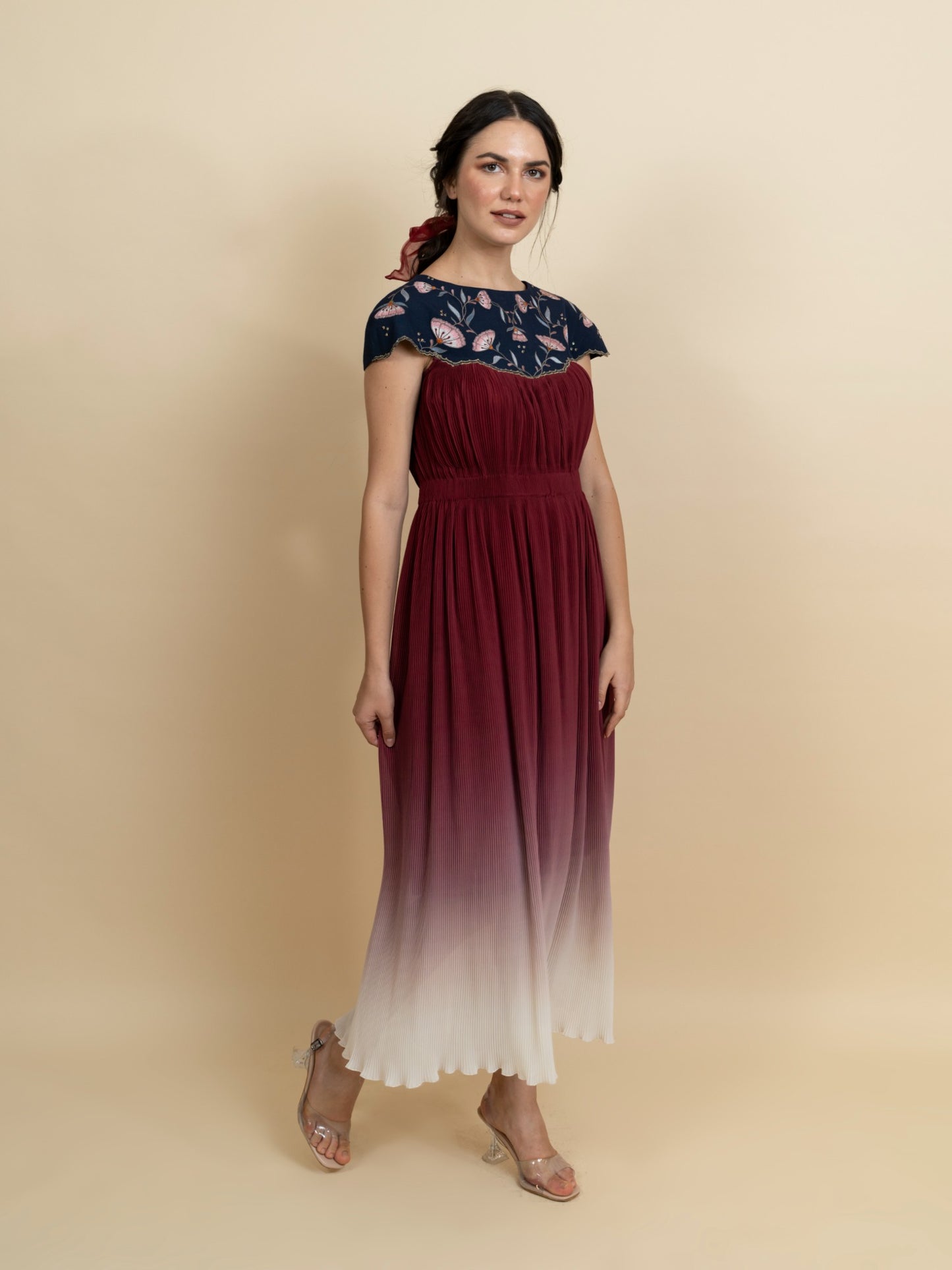 Floral embroidered neckline in a full length dress. (Blue) image 4
