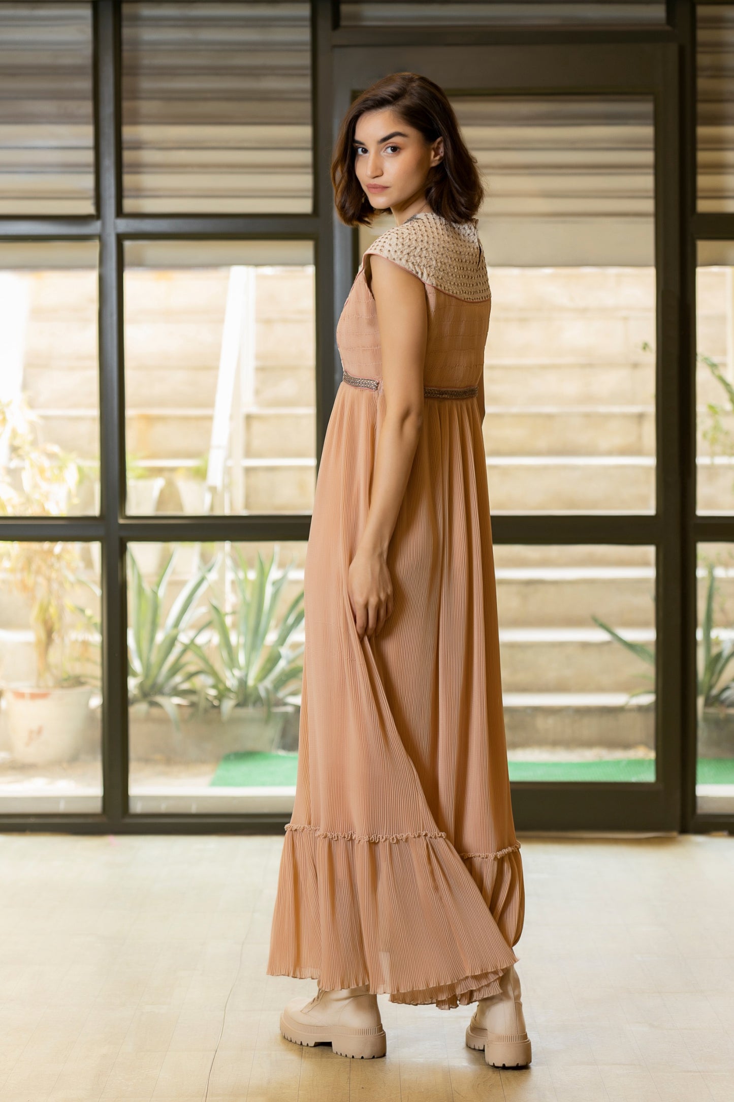 Peach georgette patchwork embroidered gown. image 3