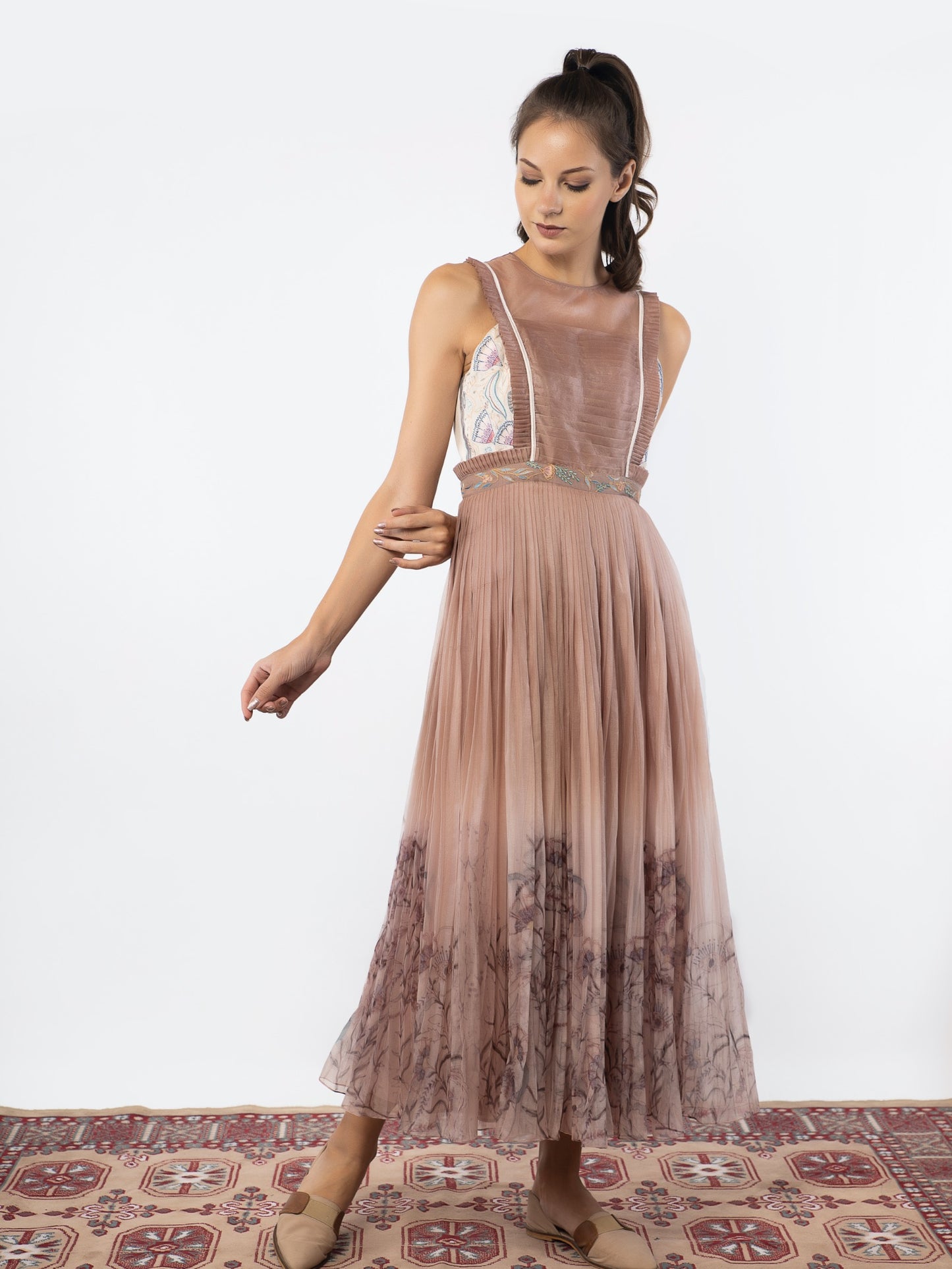 Brown organza pleated gown image 3