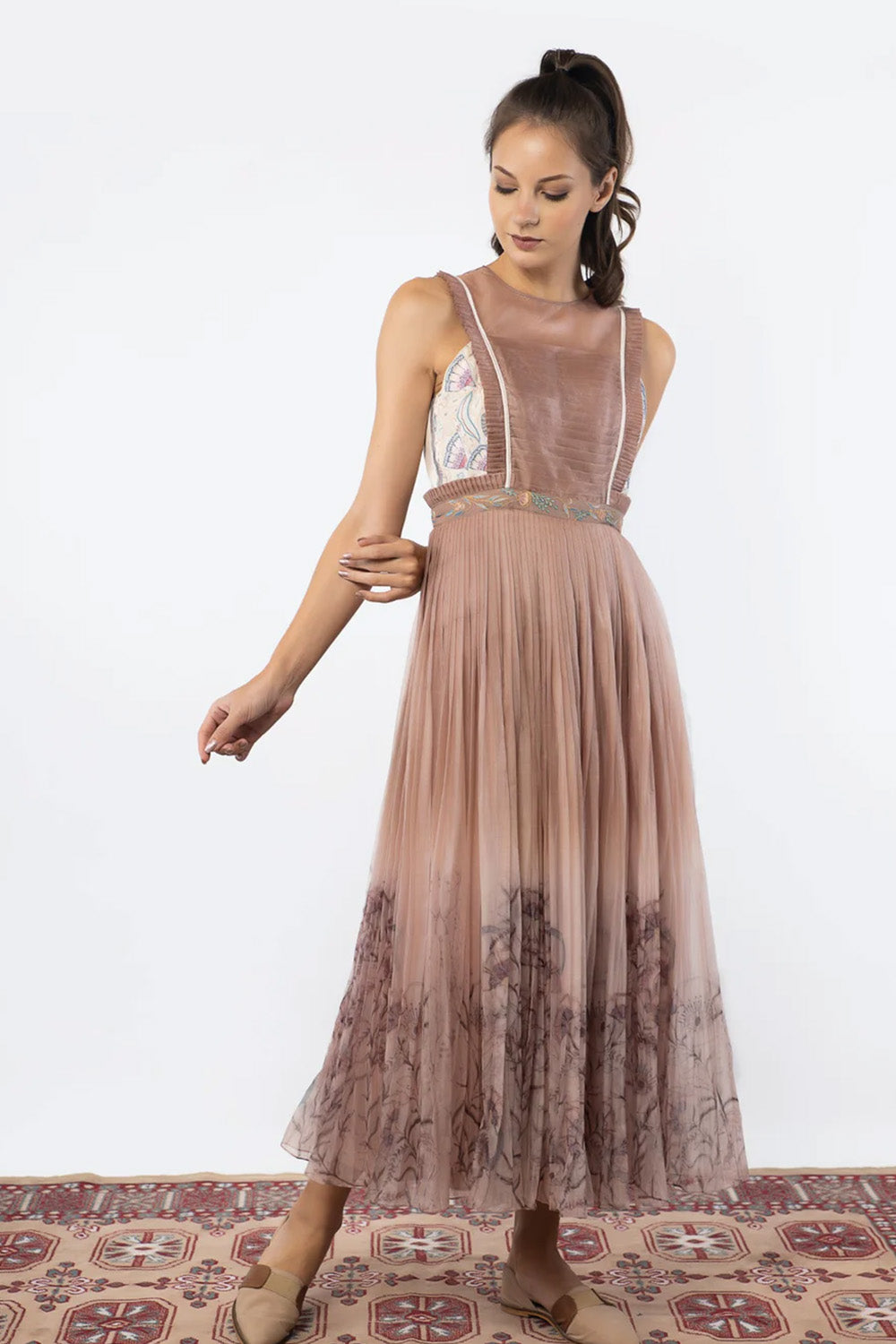 Brown organza pleated gown