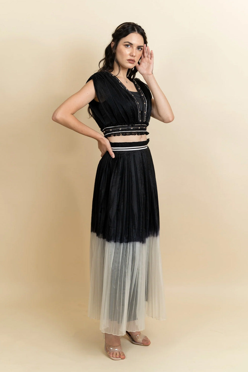 Draped organza top with pleated skirt. (Black)