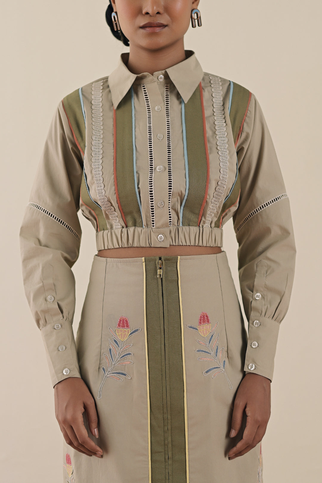 Stripe crop top with olive embroidered skirt image 1